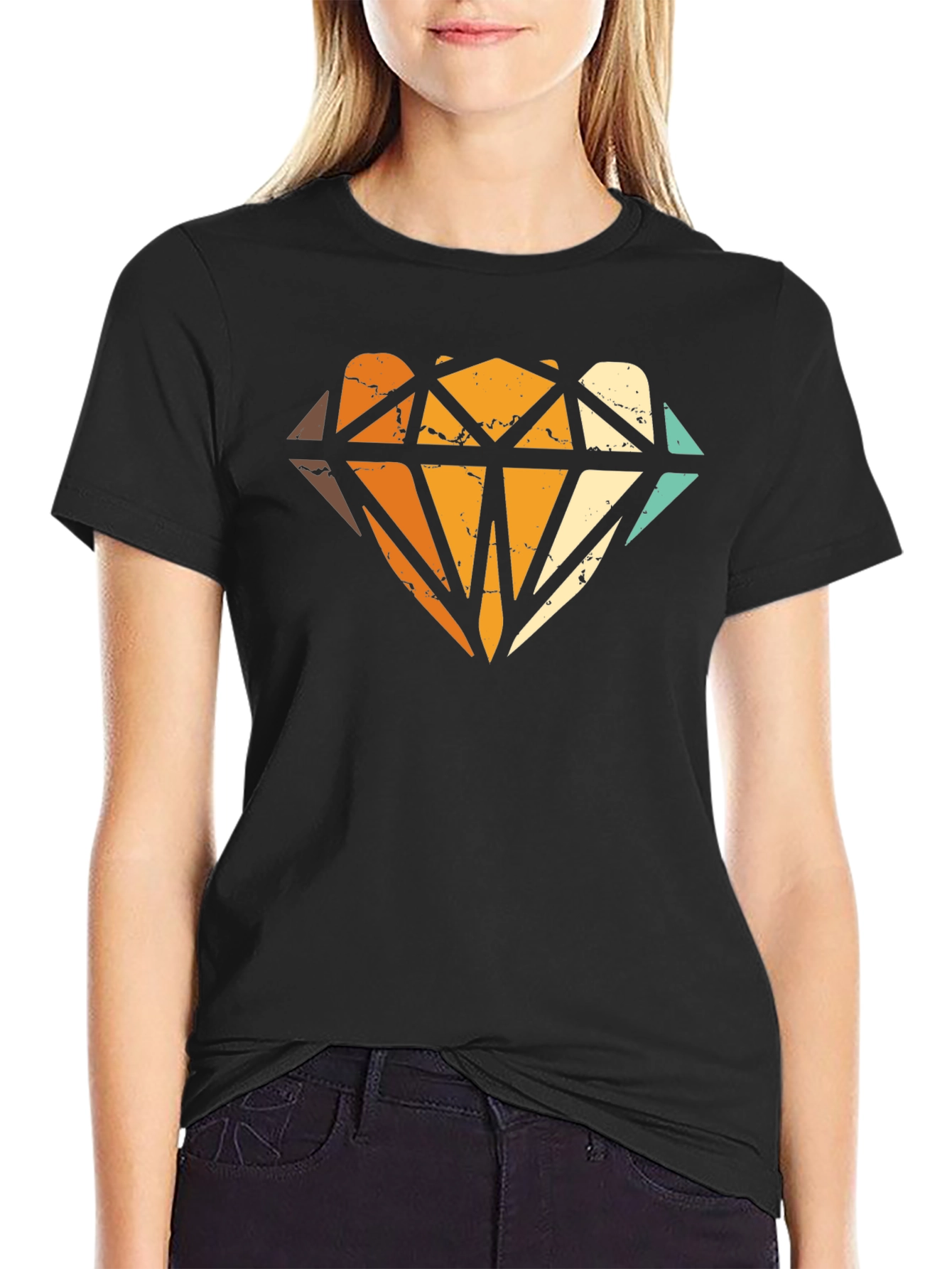 Black Retro Diamond Graphic Print Black T-Shirt view 2