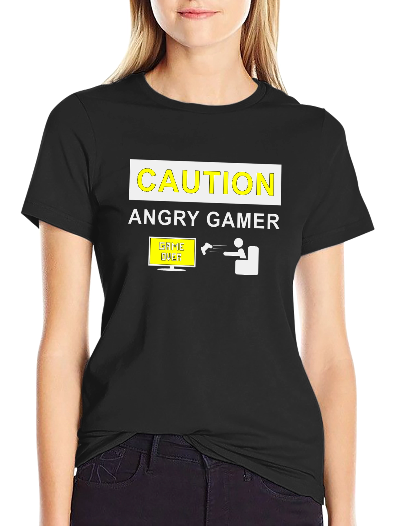 Black Angry Gamer Caution T-Shirt: Funny Video Game Tee view 2