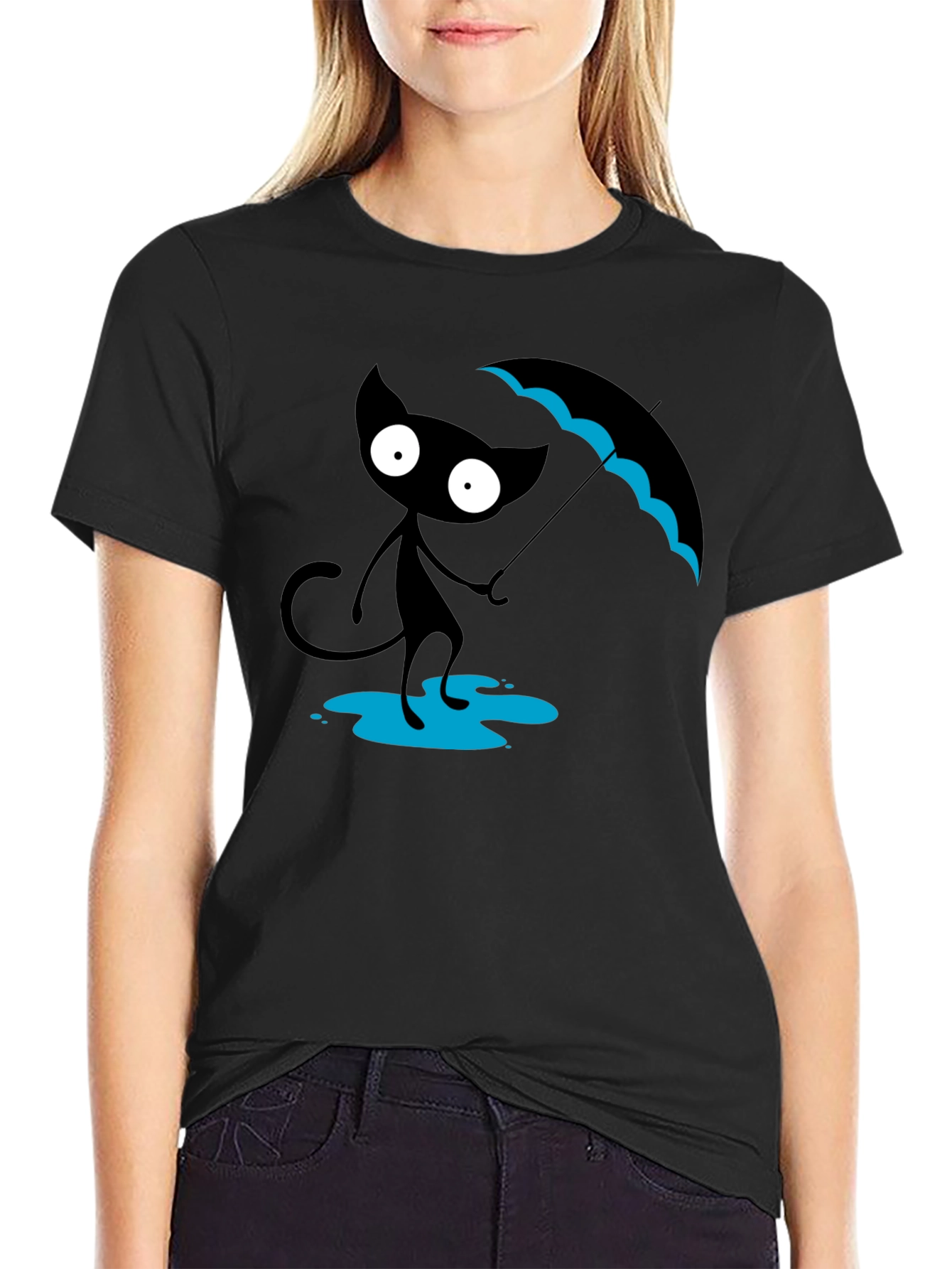 Black Black Cat with Umbrella T-Shirt view 2