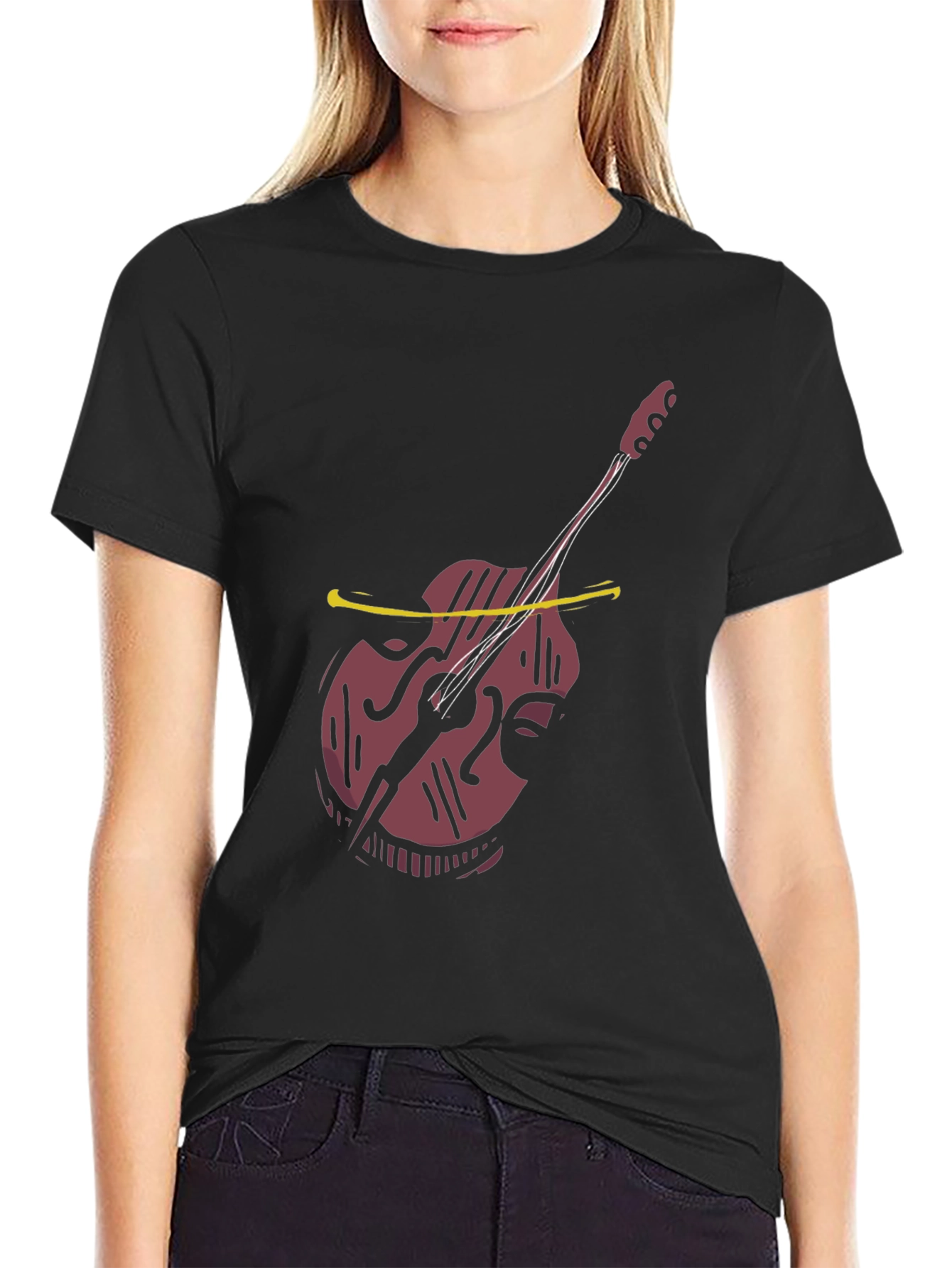 Black Cool Bass Guitar Graphic Tee - Black Cotton Casual view 2