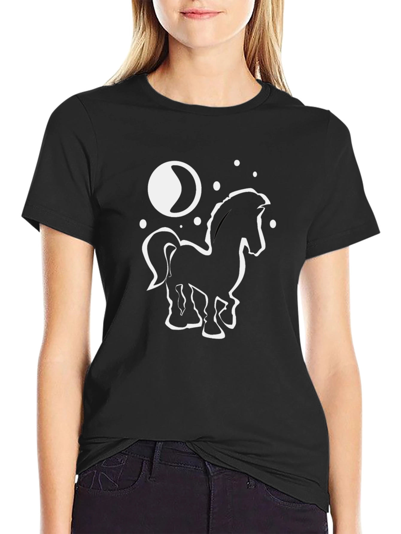 Black Horse & Moon Graphic Tee - Black Cotton T-Shirt view 2