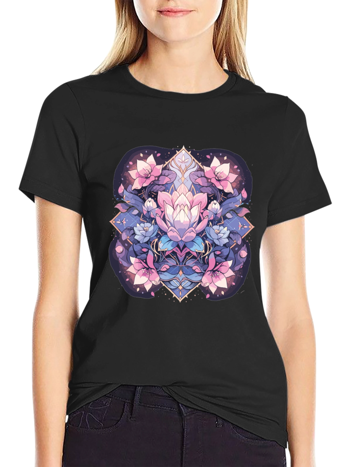Black Lotus Flower Graphic Tee - Black Cotton Blend view 2