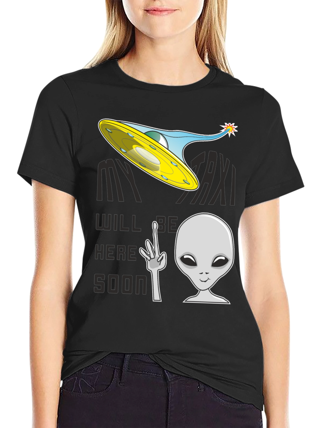 Black Alien Taxi Graphic T-Shirt - My Taxi Will Be Here Soon view 2
