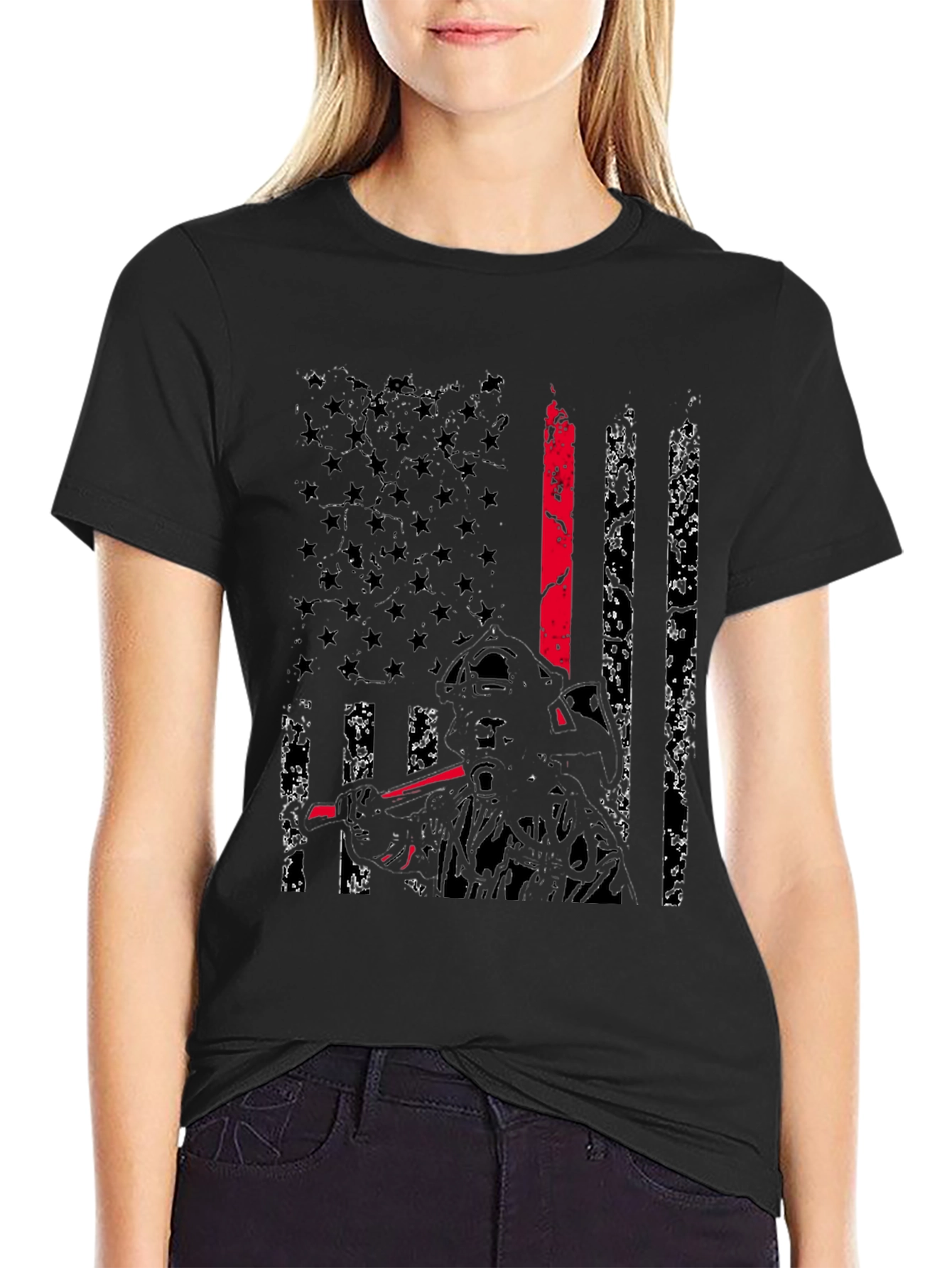 Black Thin Red Line Firefighter Flag T-Shirt view 2