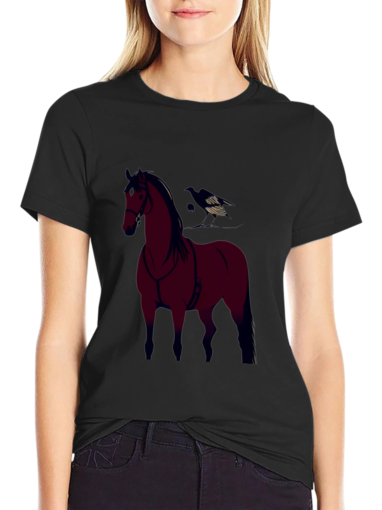 Black Horse and Crow Graphic Tee - Black Cotton Blend view 2
