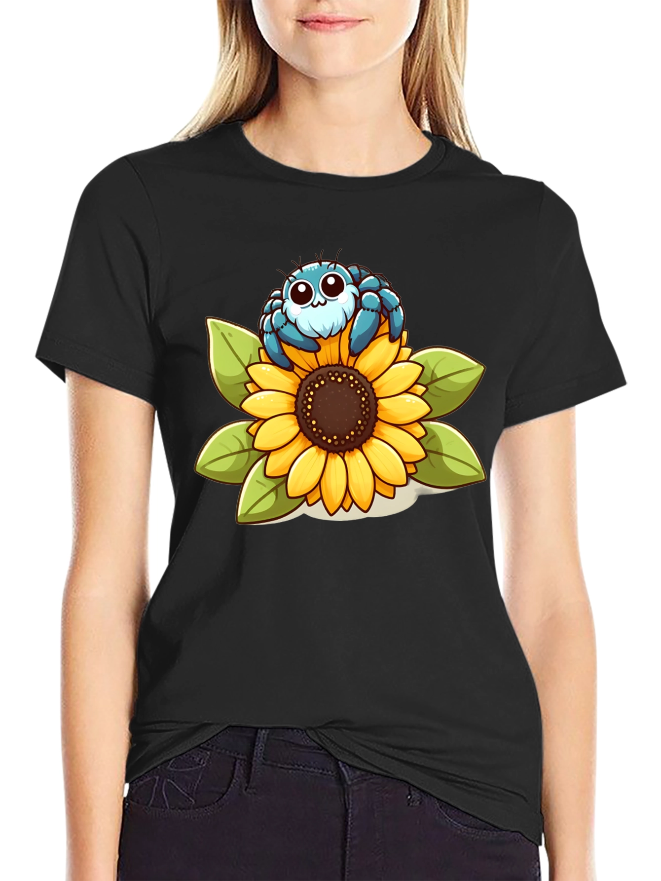 Black Cute Spider on Sunflower Graphic T-Shirt view 2
