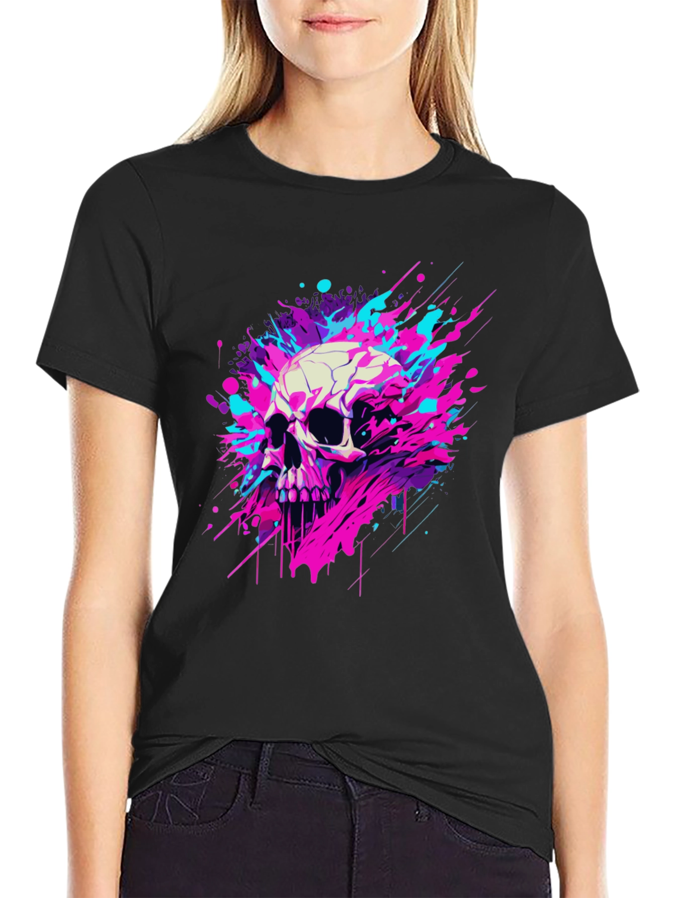 Black Skull Splash Graphic Tee - Bold & Unique Design view 2