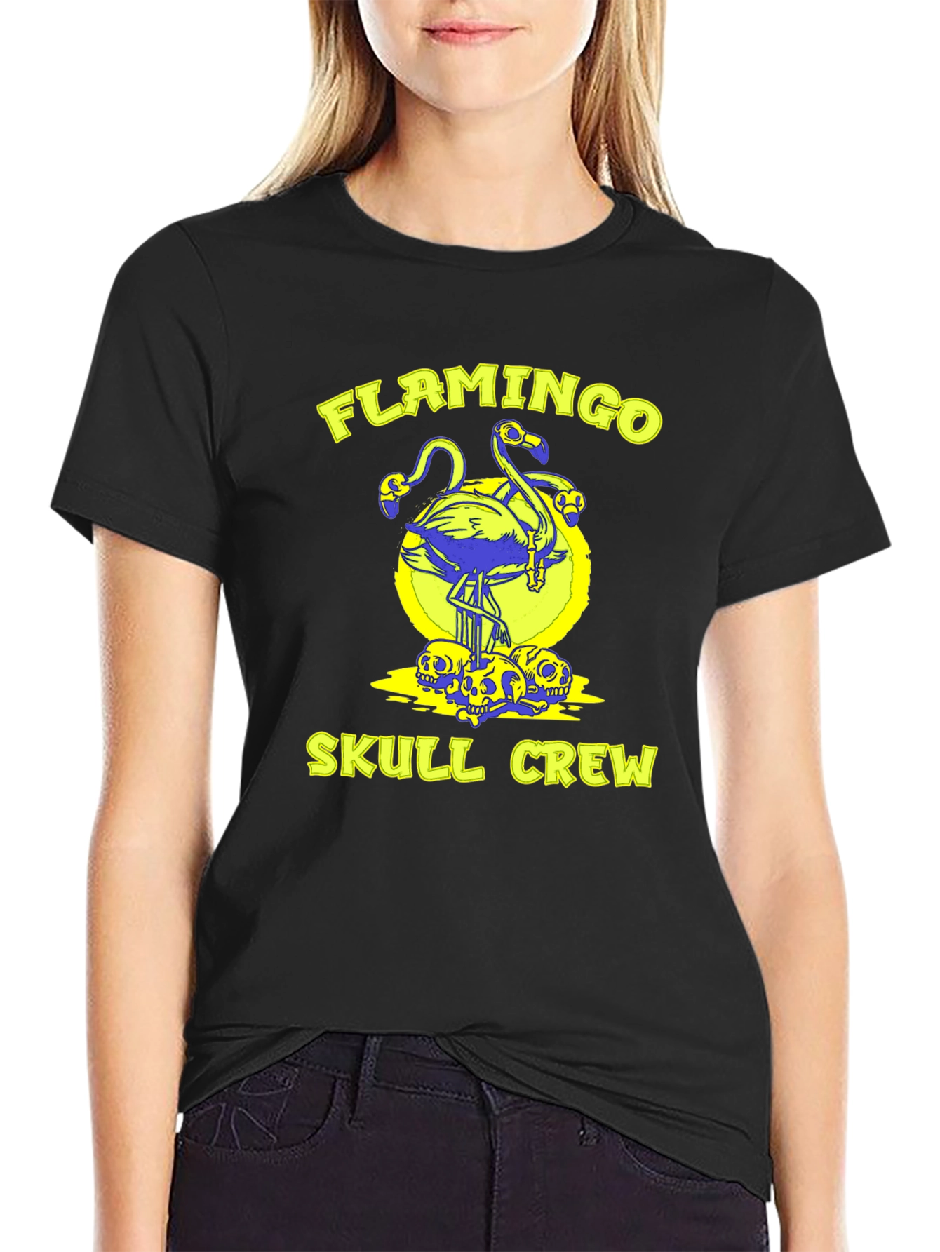 Black Flamingo Skull Crew Black Graphic Tee view 2
