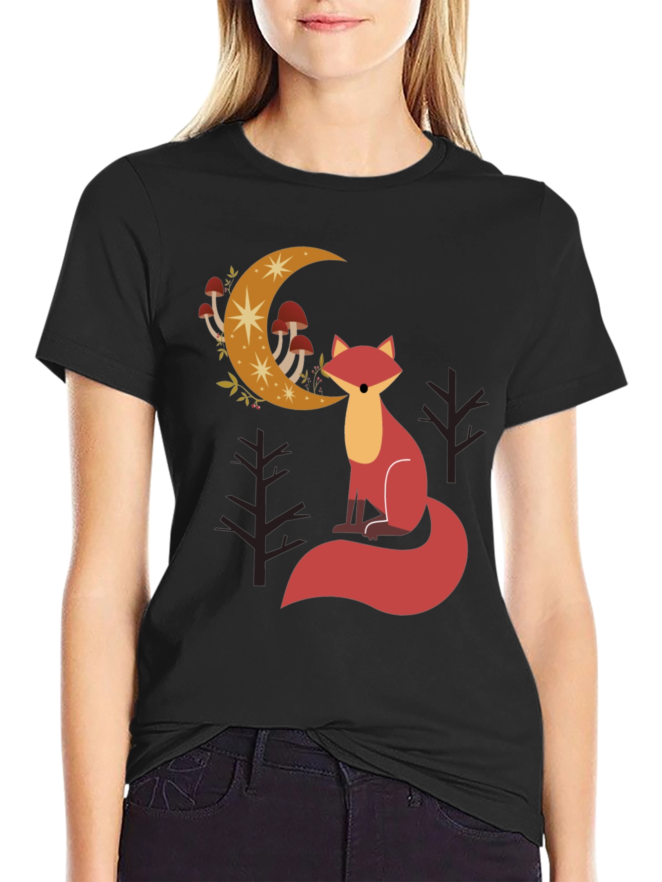 Black Fox and Moon Graphic Tee - Black Cotton Blend view 2