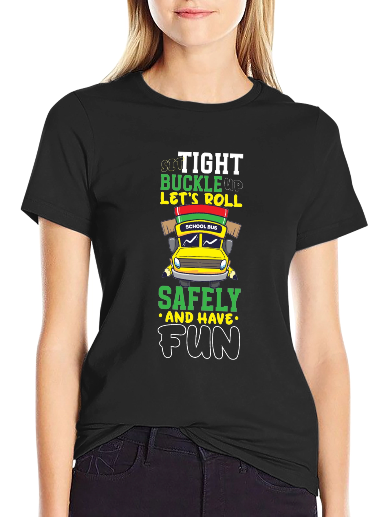 Black Sit Tight Buckle Up Let's Roll School Bus Graphic Tee view 2