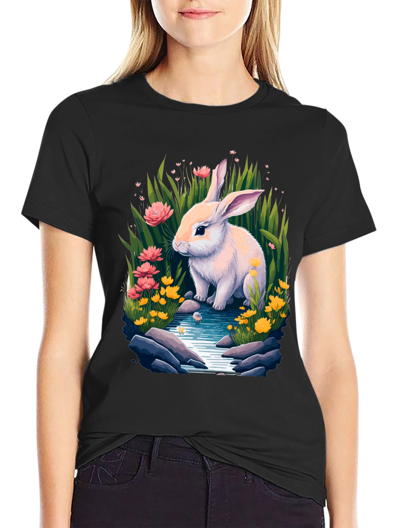 Black Bunny in Bloom Tee - Whimsical Rabbit Design view 2