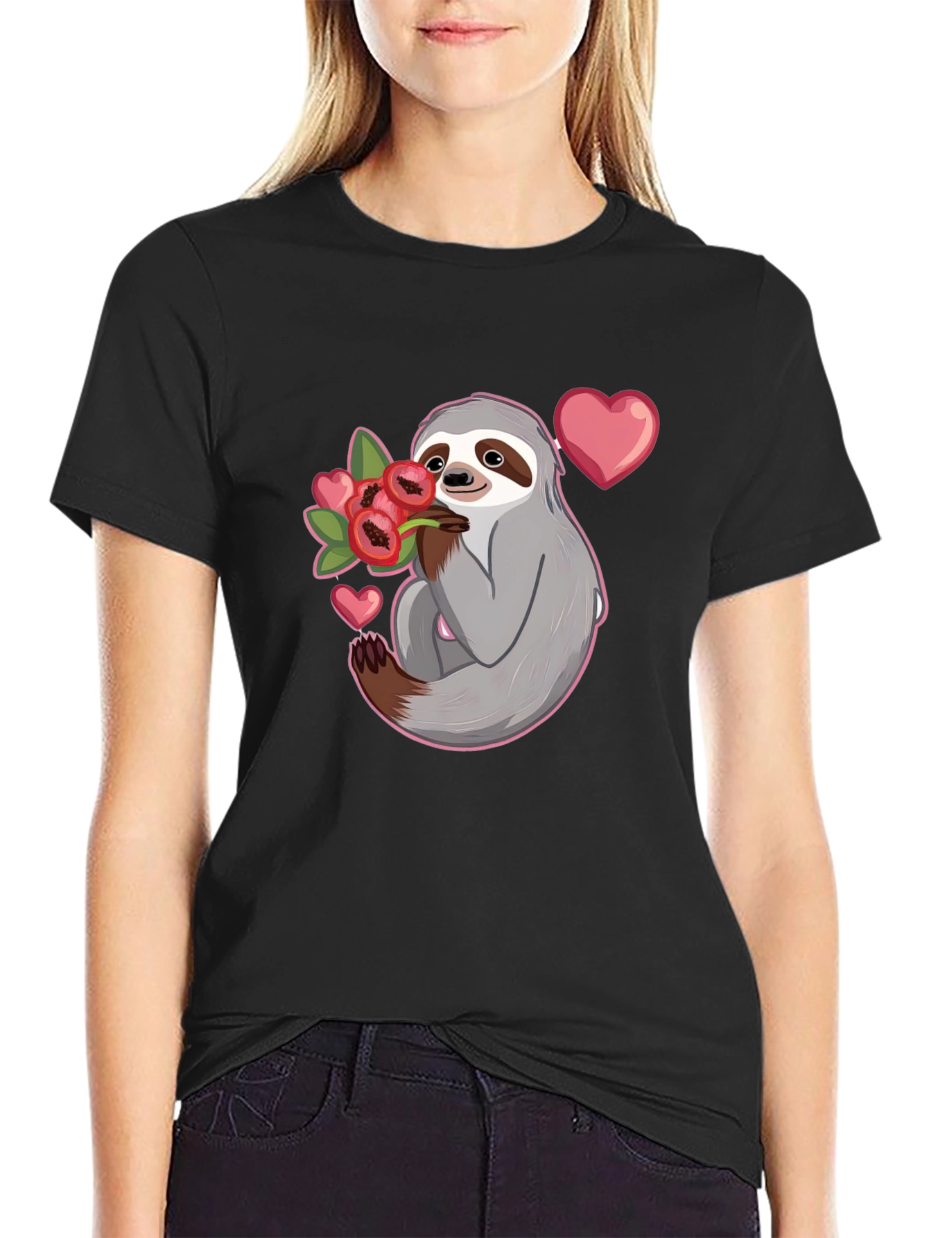 Black Sloth Holding Flowers T-Shirt - Cute Valentine's Day Gift view 2