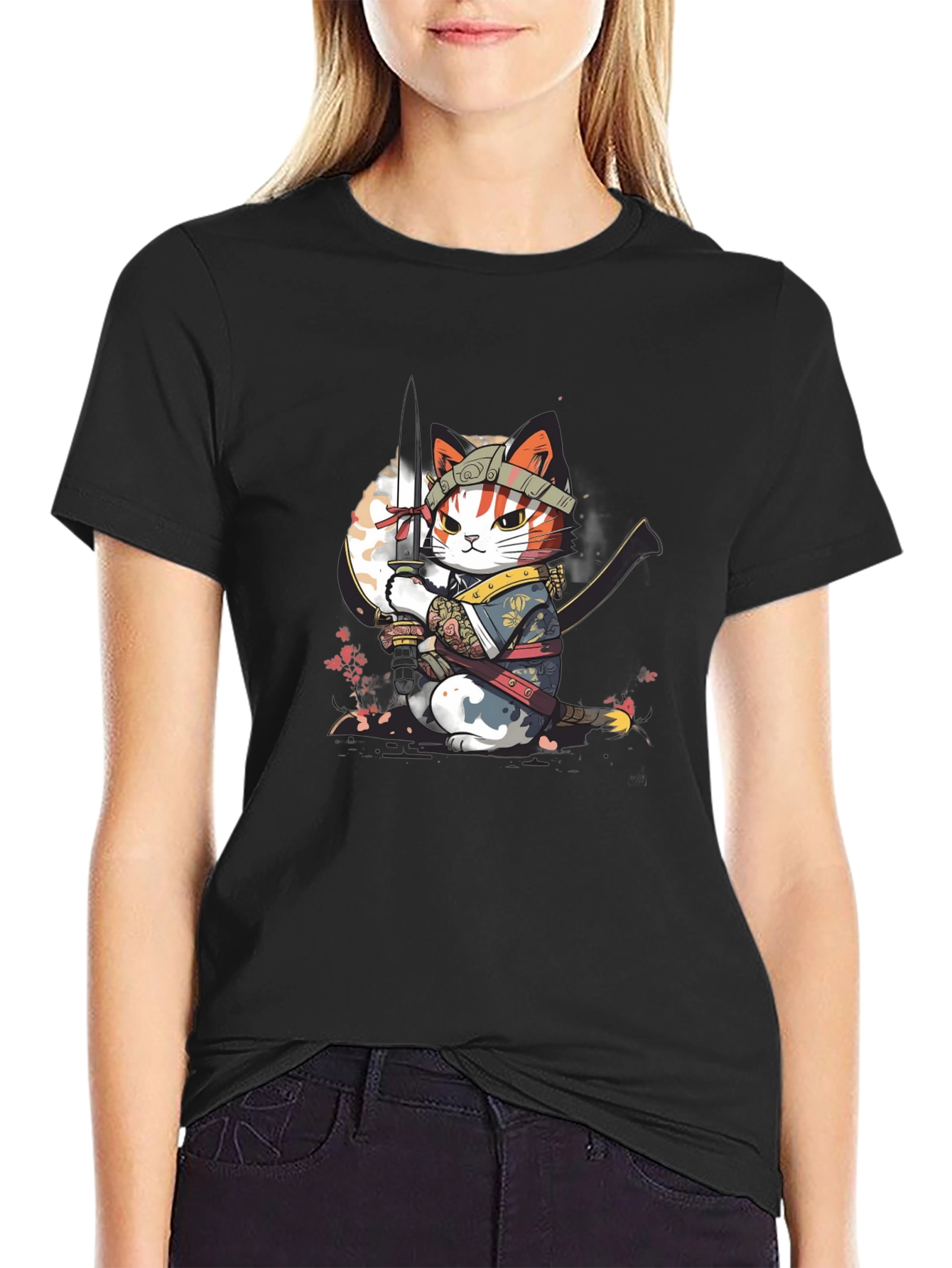 Black Samurai Cat T-Shirt - Unique Graphic Tee view 2