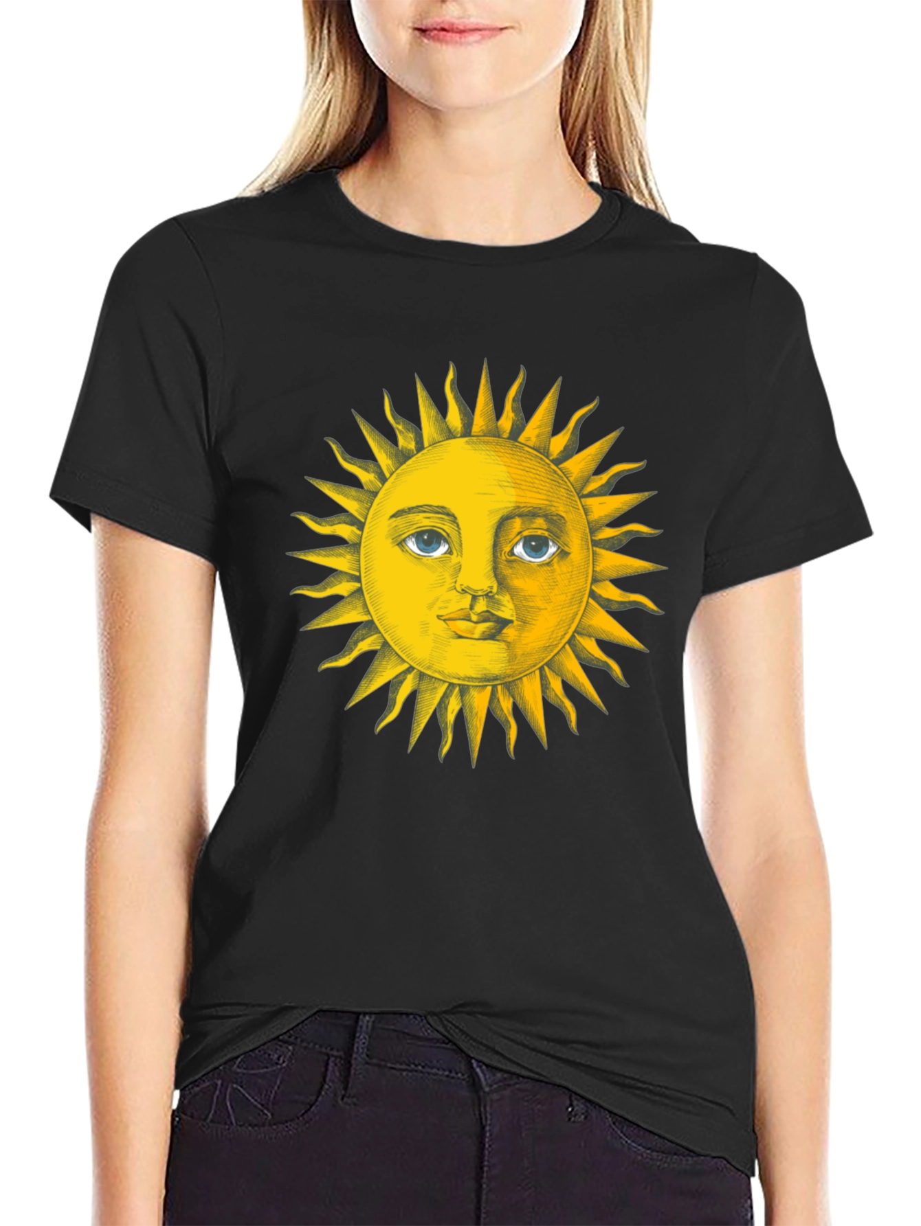 Black Sun Face Graphic Tee - Black Cotton T-Shirt view 2