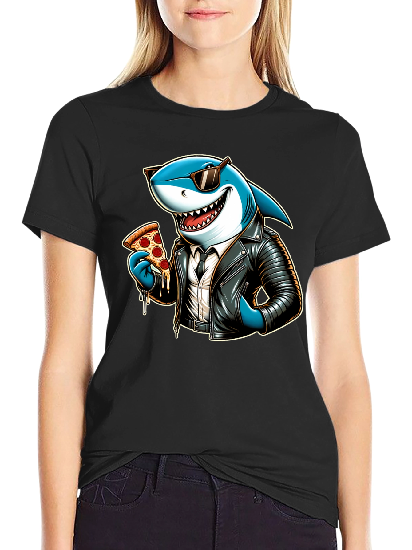 Black Cool Shark Pizza Graphic Tee view 2