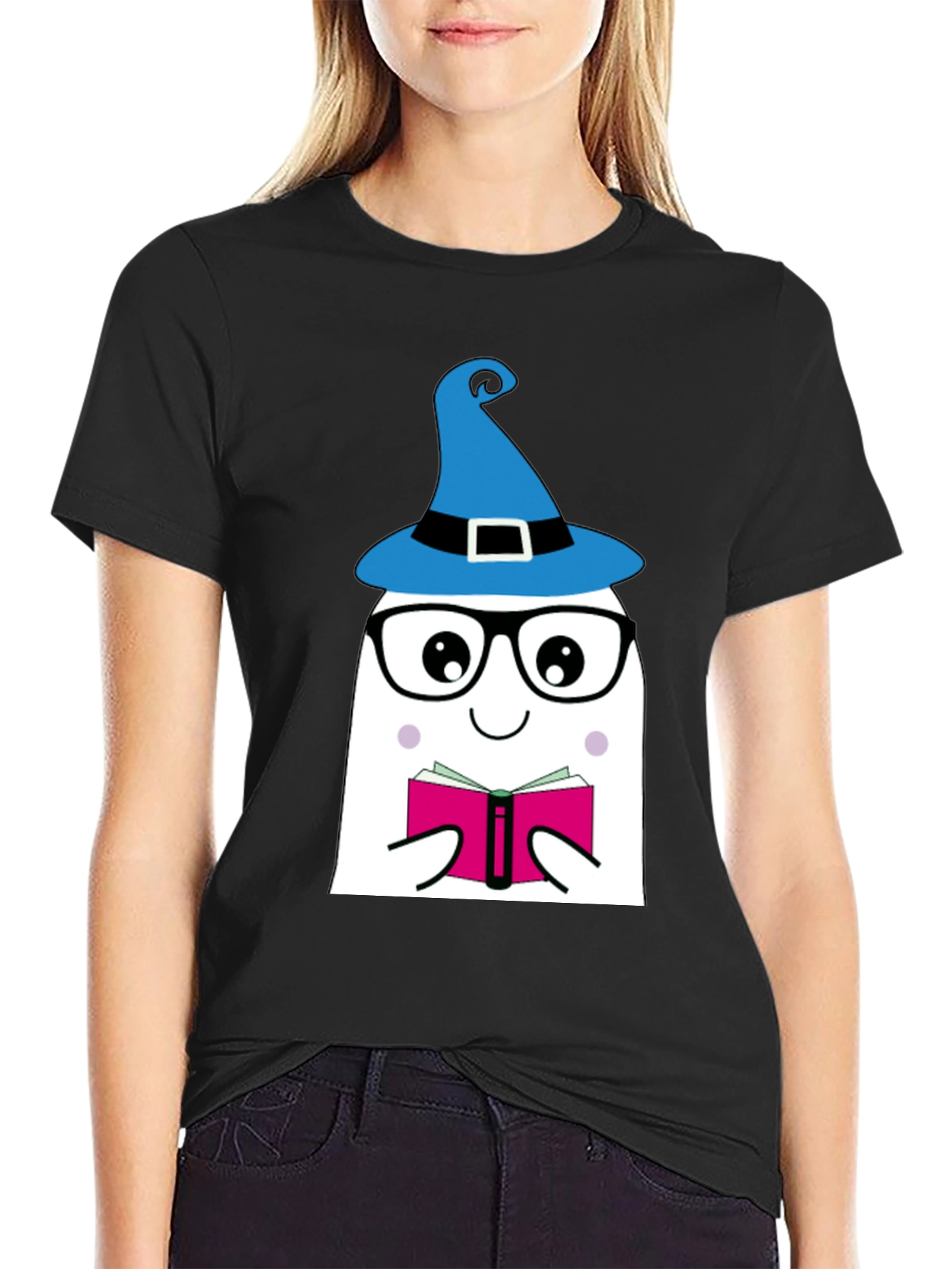 Black Whimsical Reading Ghost Graphic Tee view 2