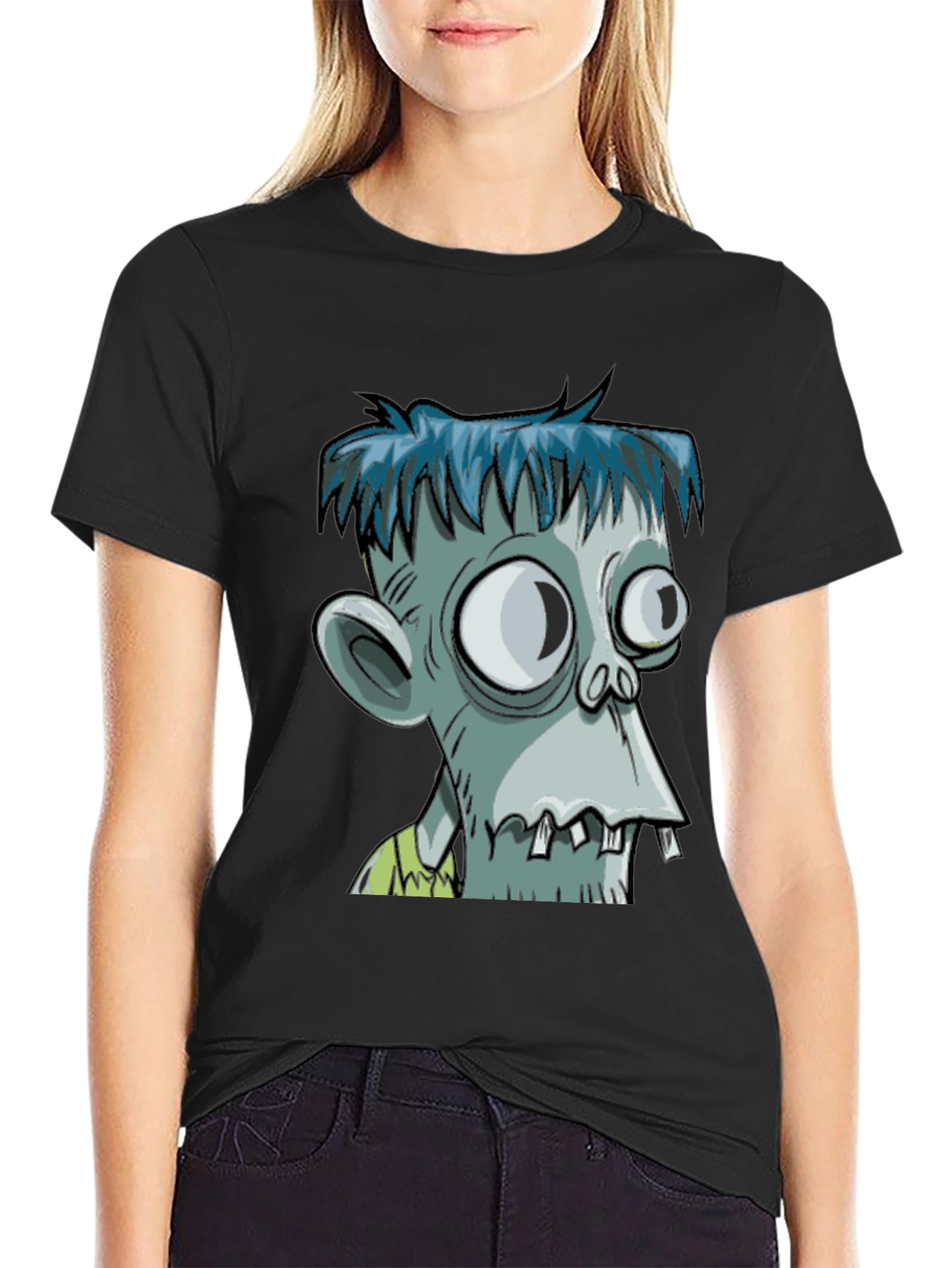 Black Zombie Cartoon Graphic T-Shirt view 2