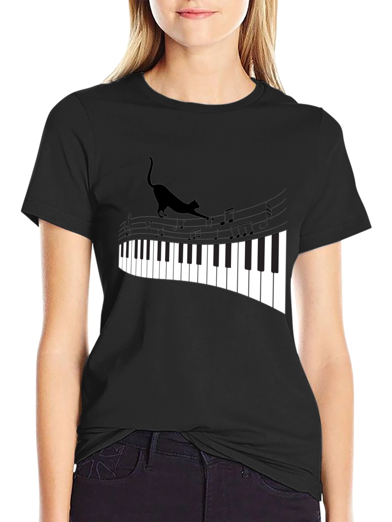 Black Cat Walking on Piano Keys Unisex T-Shirt view 2