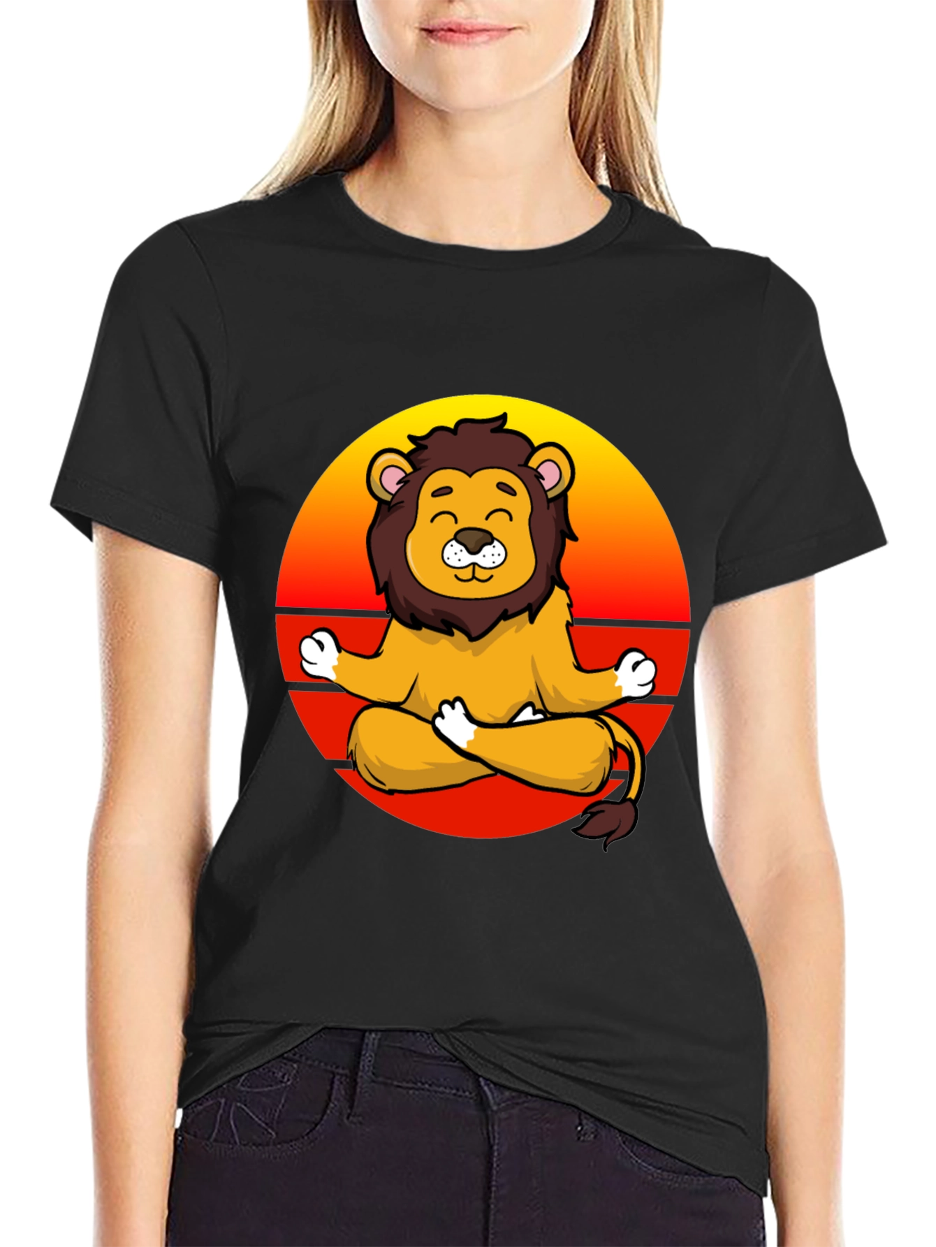 Black Zen Lion T-Shirt - Meditating Cartoon Lion Graphic Tee view 2