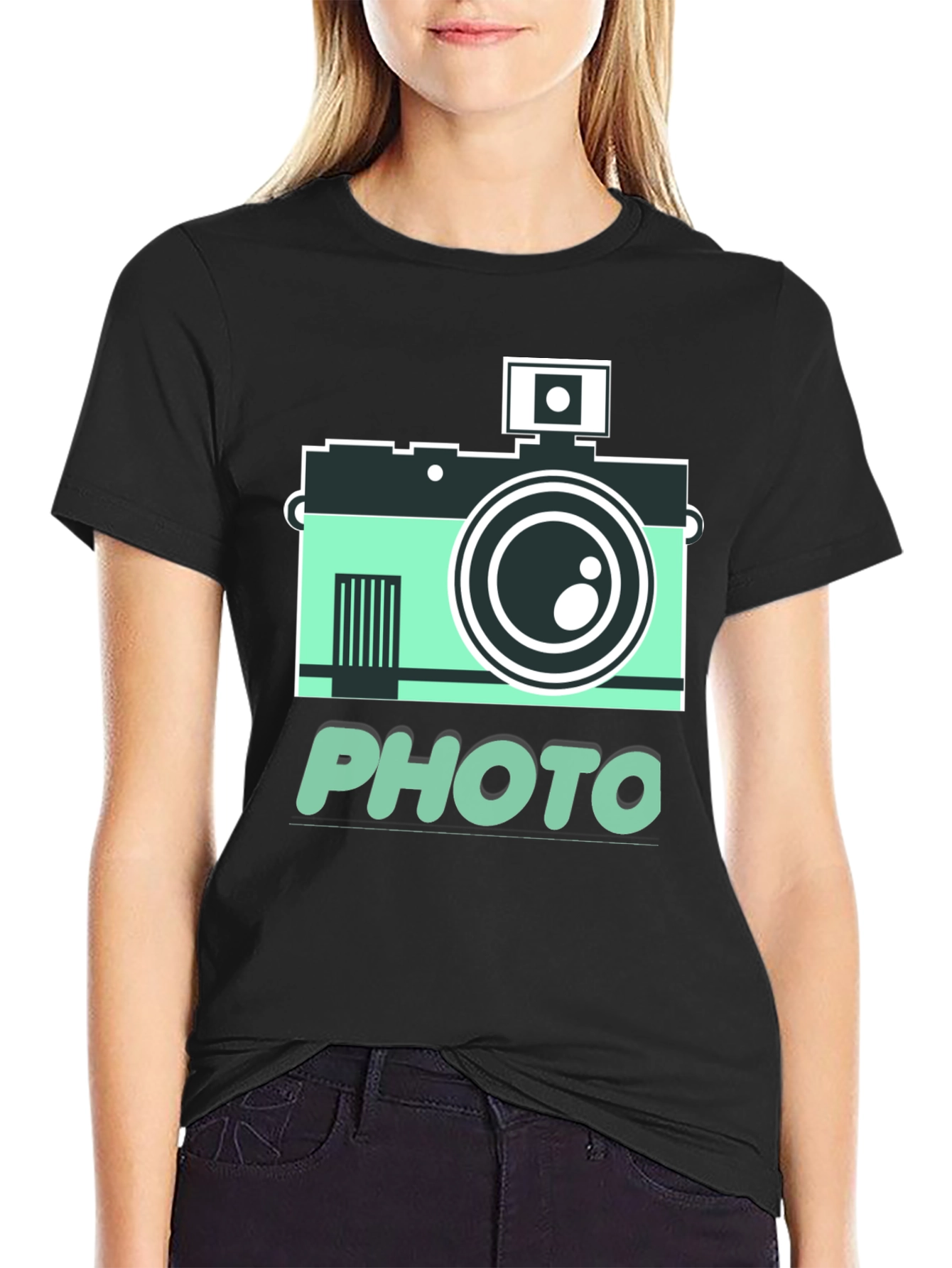 Black Retro Camera Photo Graphic T-Shirt view 2