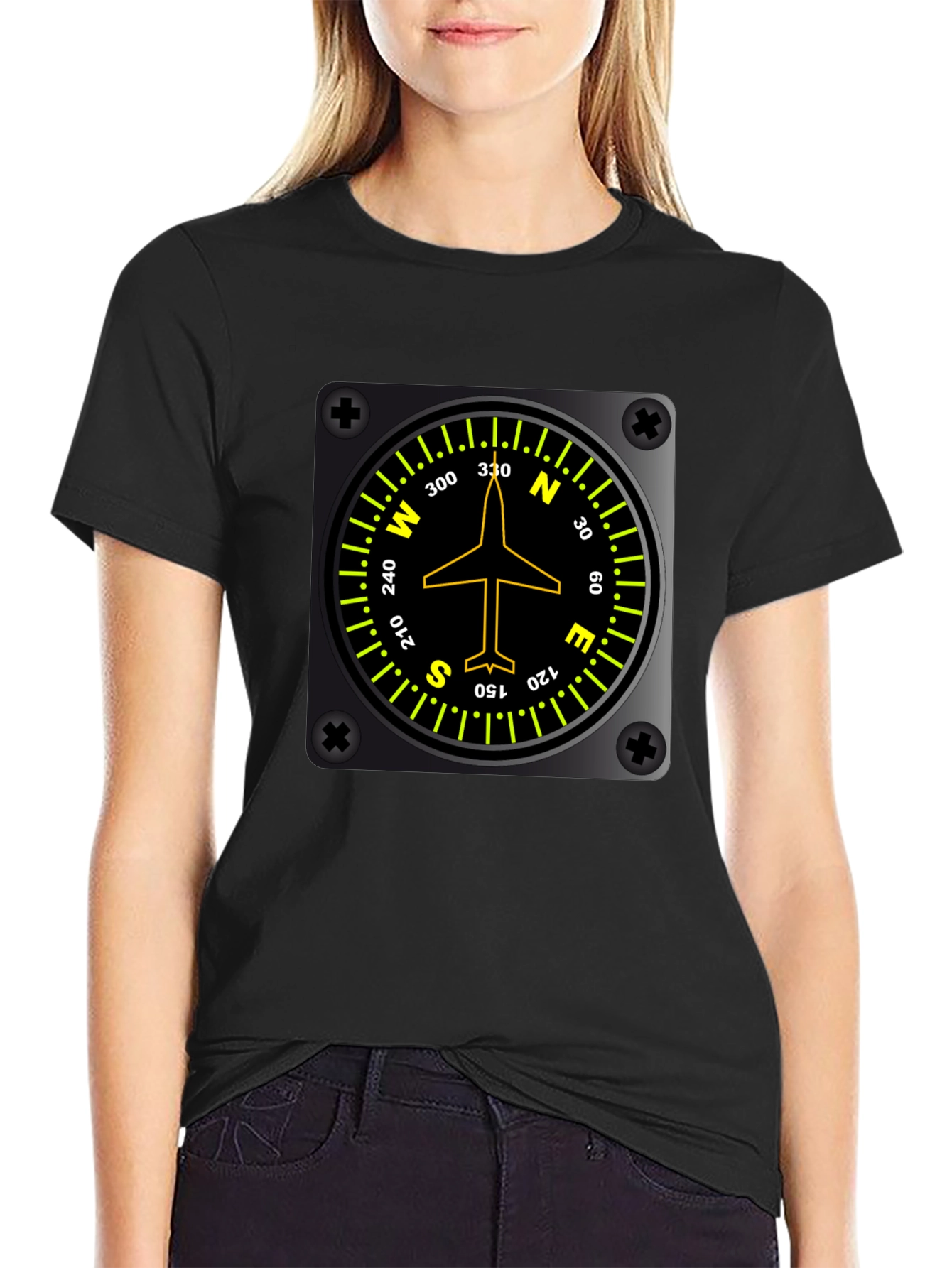 Black Pilot Compass Directional Aviation Black T-Shirt view 2