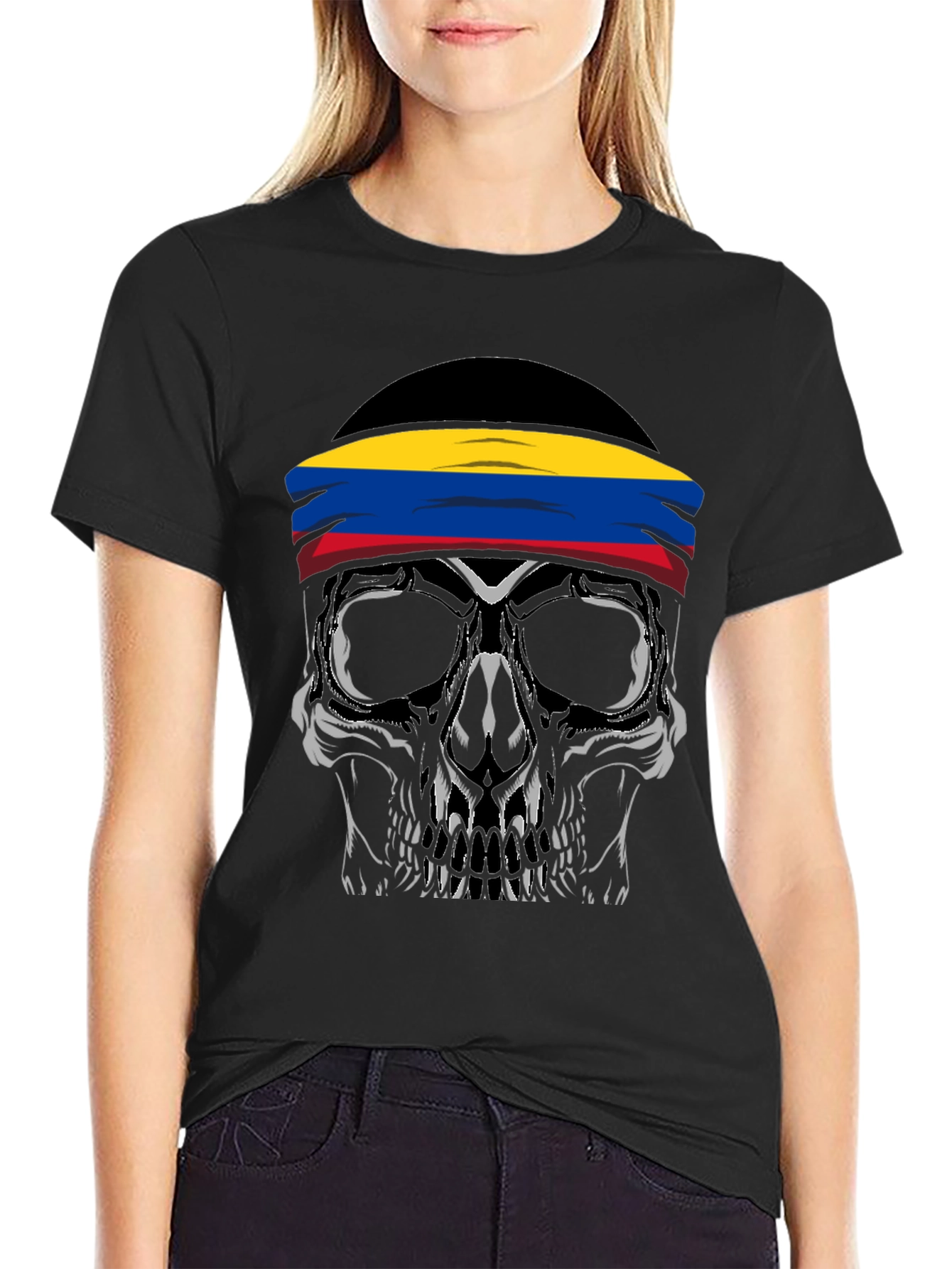 Black Skull T-Shirt with Colombia Flag Headband view 2