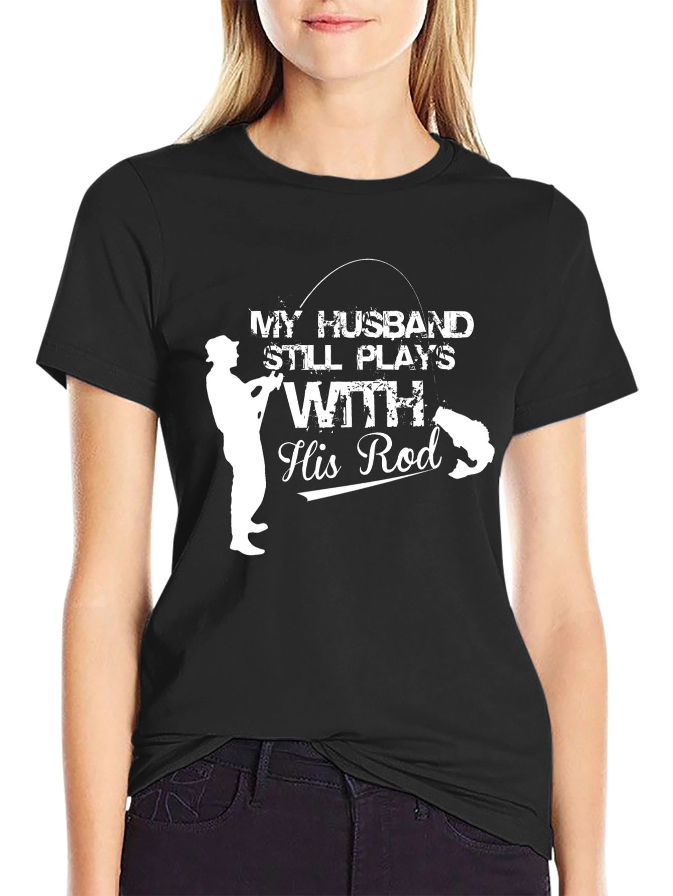 Black Funny Fishing T-Shirt: My Husband Still Plays With His Rod view 2