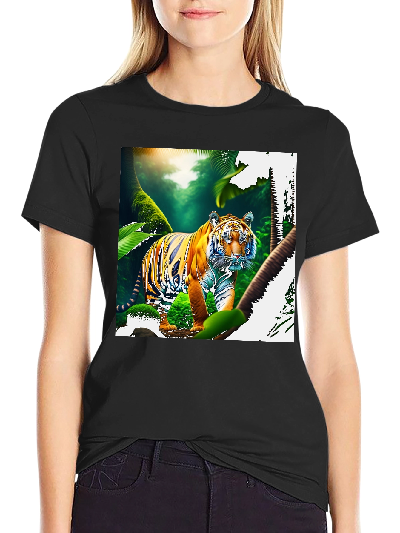 Black Jungle Tiger Graphic Print Black T-Shirt view 2