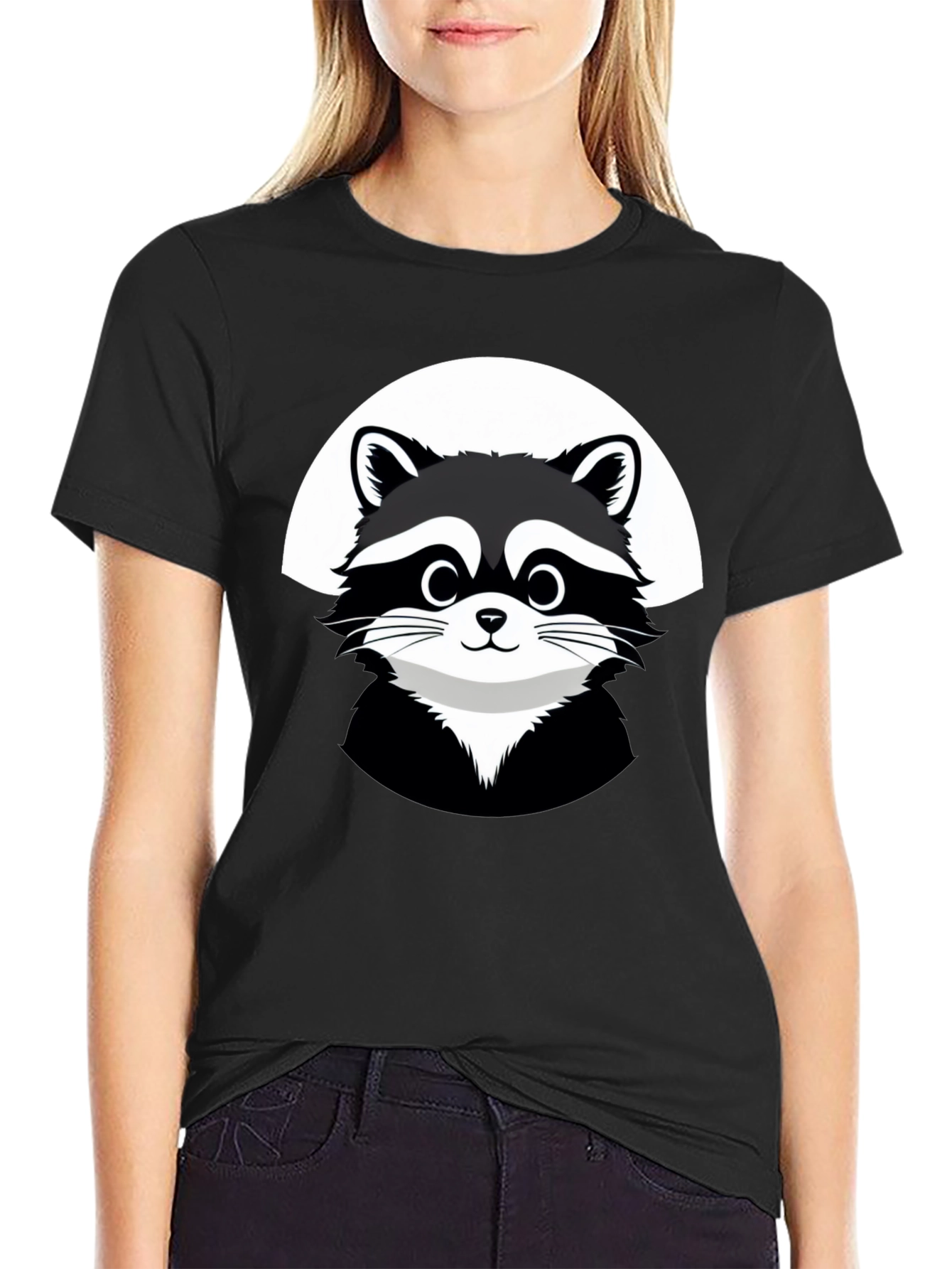Black Cute Raccoon Graphic Black T-Shirt view 2