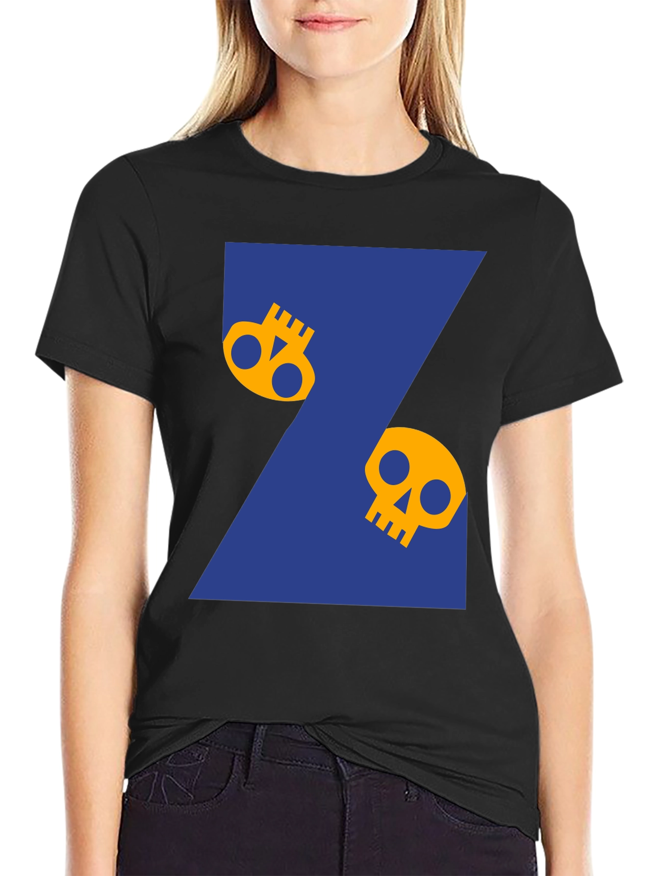 Black Skull Graphic Print Tee - Black Cotton T-Shirt view 2