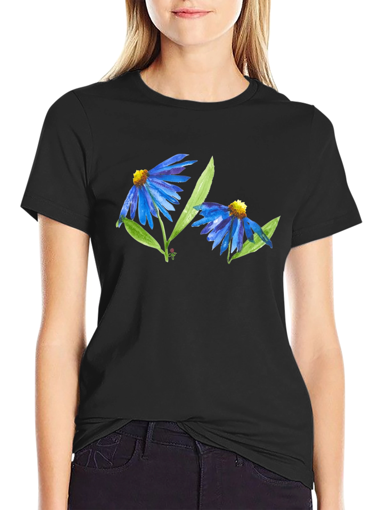 Black Blue Flower Graphic T-Shirt - Soft Cotton Blend view 2