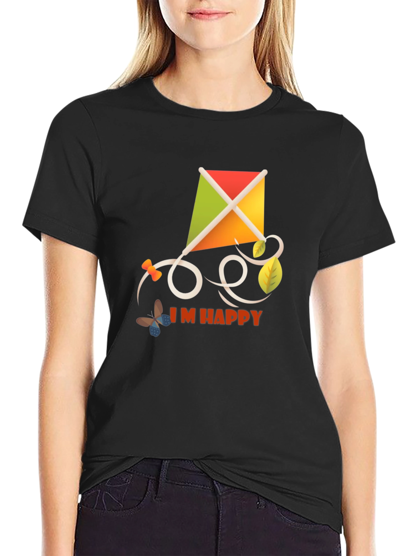 Black I'm Happy Kite T-Shirt - Stylish Casual Wear view 2