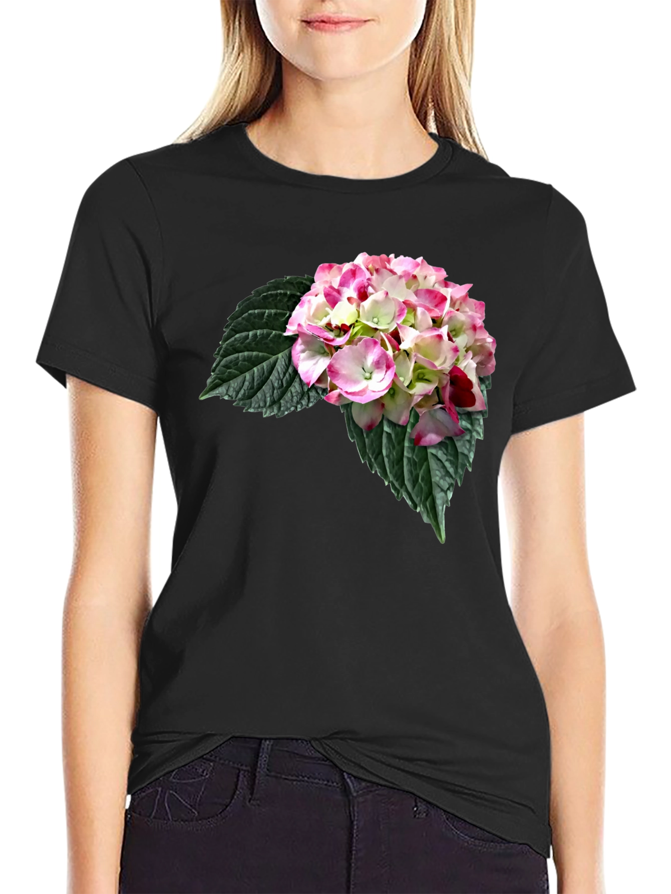 Black Floral Print Black Crew Neck T-Shirt view 2
