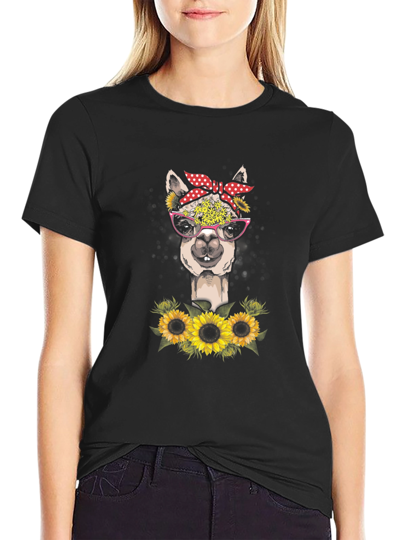 Black Alpaca Sunflower T-Shirt - Stylish Graphic Tee view 2