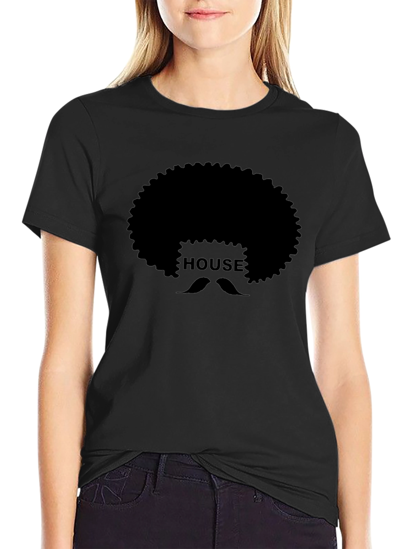 Black House Afro Mustache Graphic Tee - Black Cotton T-Shirt view 2