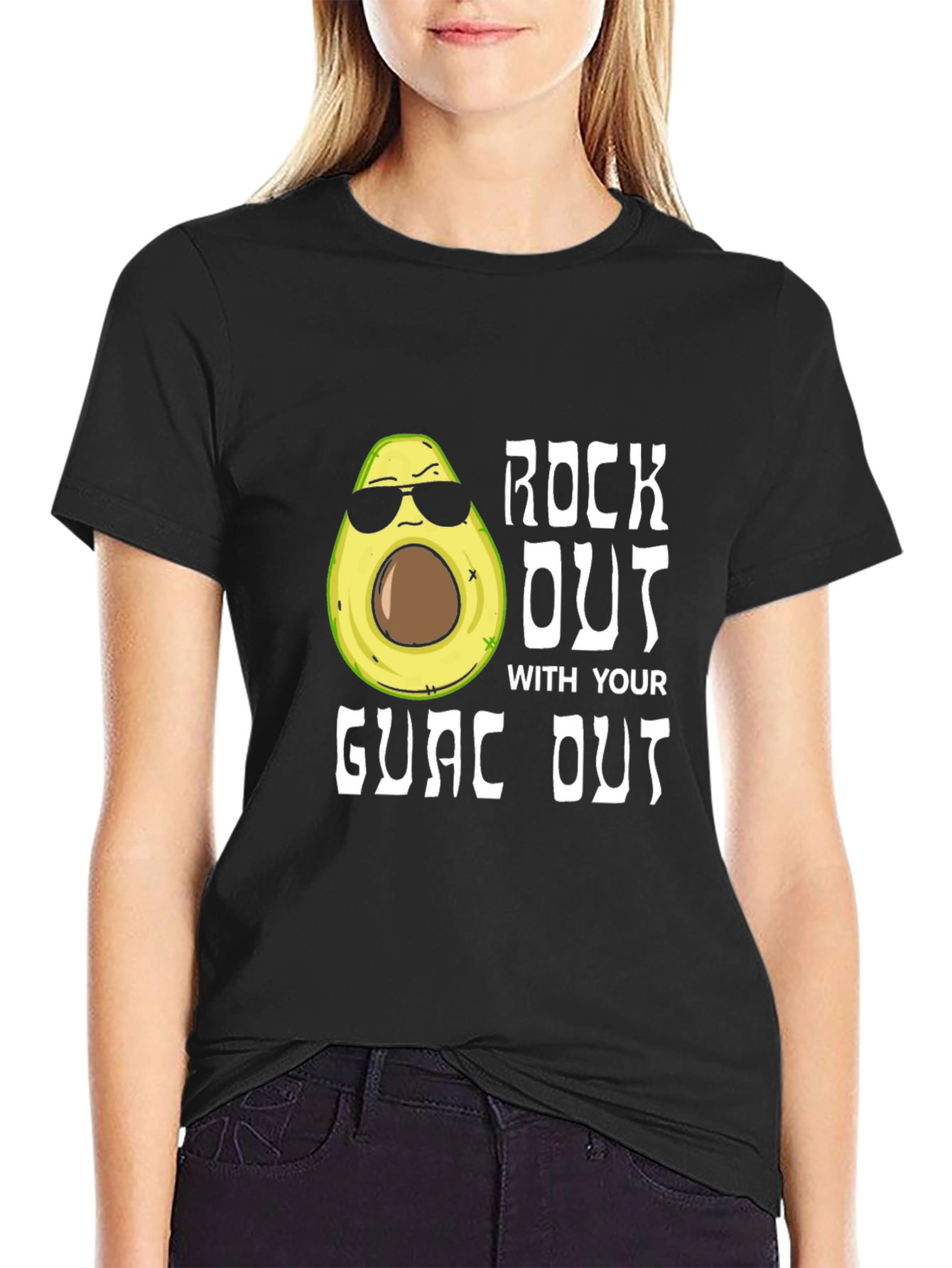 Black Rock Out With Your Guac Out Funny Avocado T-Shirt view 2