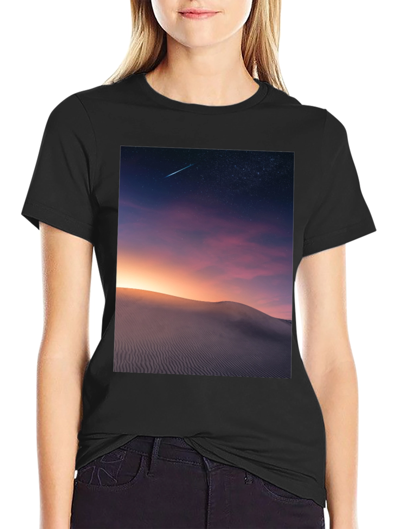 Black Night Desert Scene Graphic T-Shirt view 2