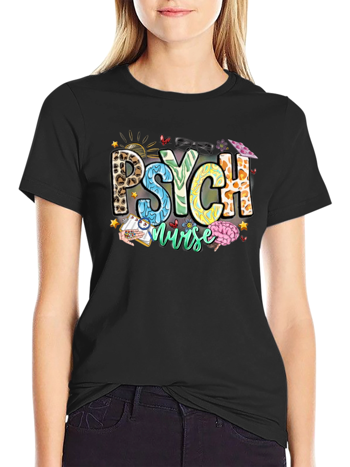 Black Psych Nurse T-Shirt - Leopard Print - Nursing Apparel view 2