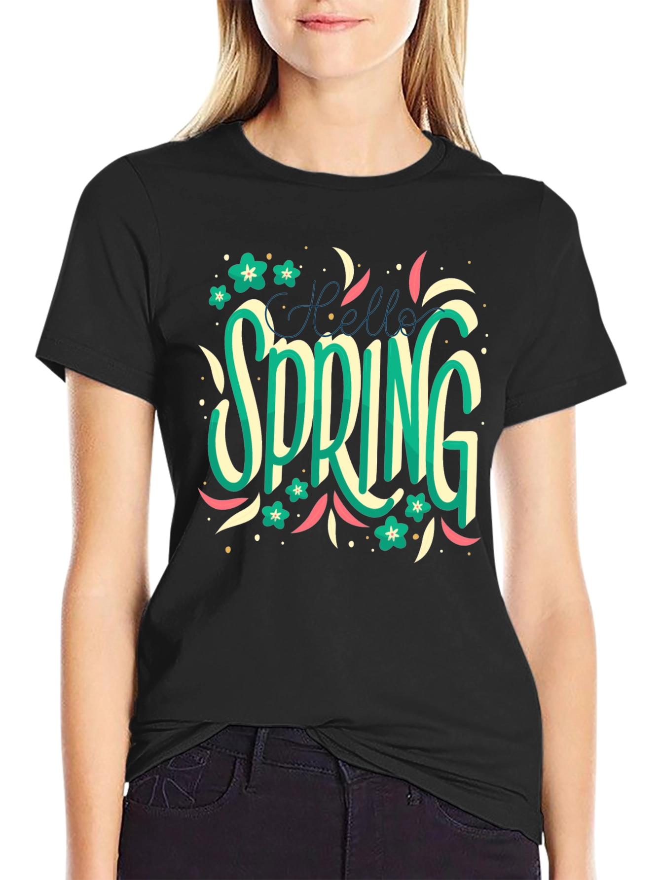 Black Hello Spring T-Shirt: Floral Season Style view 2