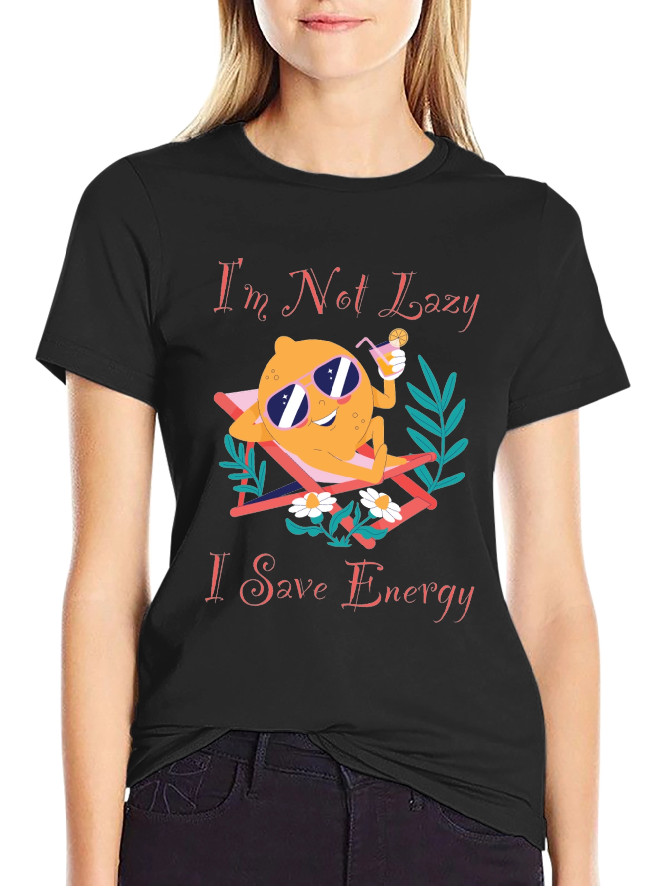 Black Funny Save Energy T-Shirt - Lazy Lemon Lounging Design view 2