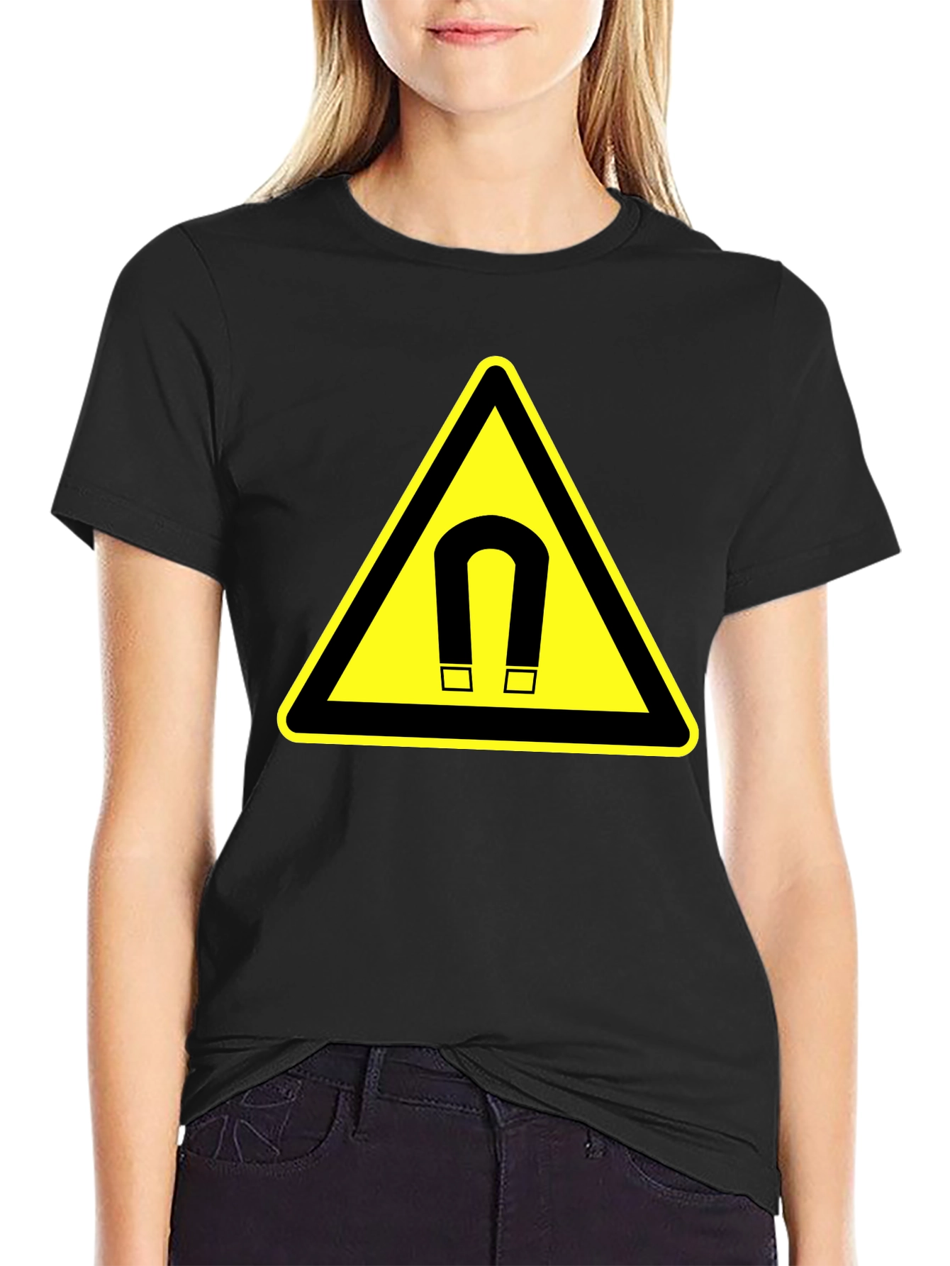 Magnet Warning Sign Graphic T-Shirt - Black Cotton Tee - 2