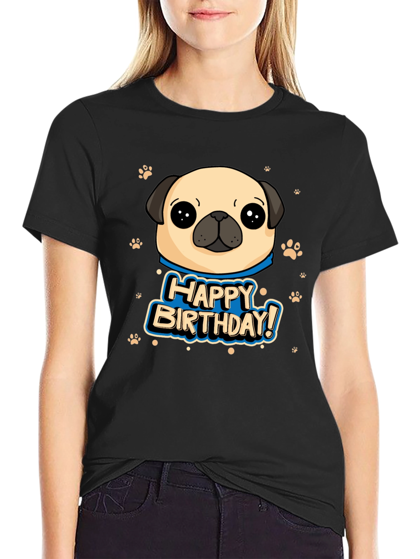 Black Pug Happy Birthday Black T-Shirt view 2