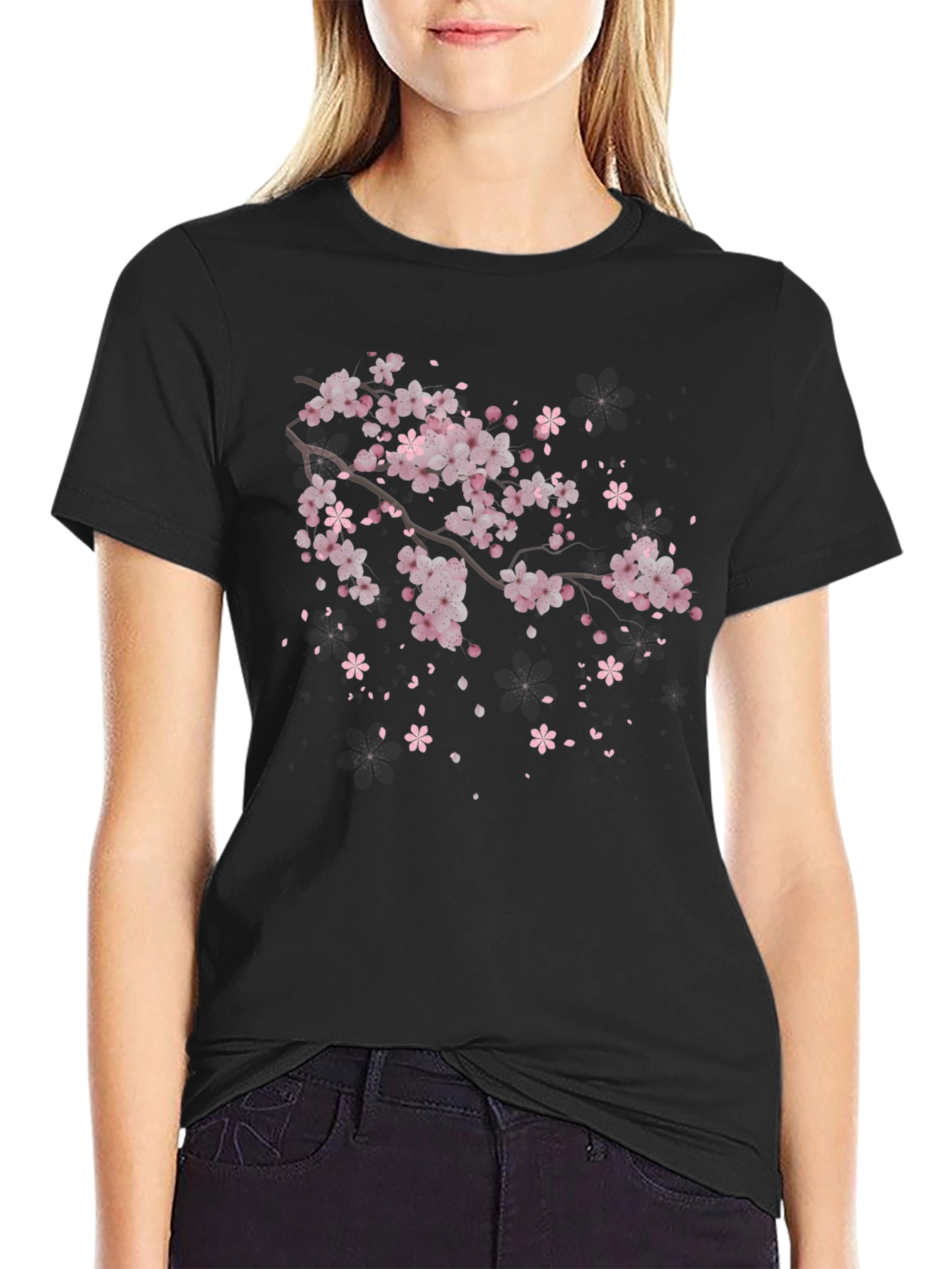 Black Cherry Blossom Branch Black T-Shirt view 2