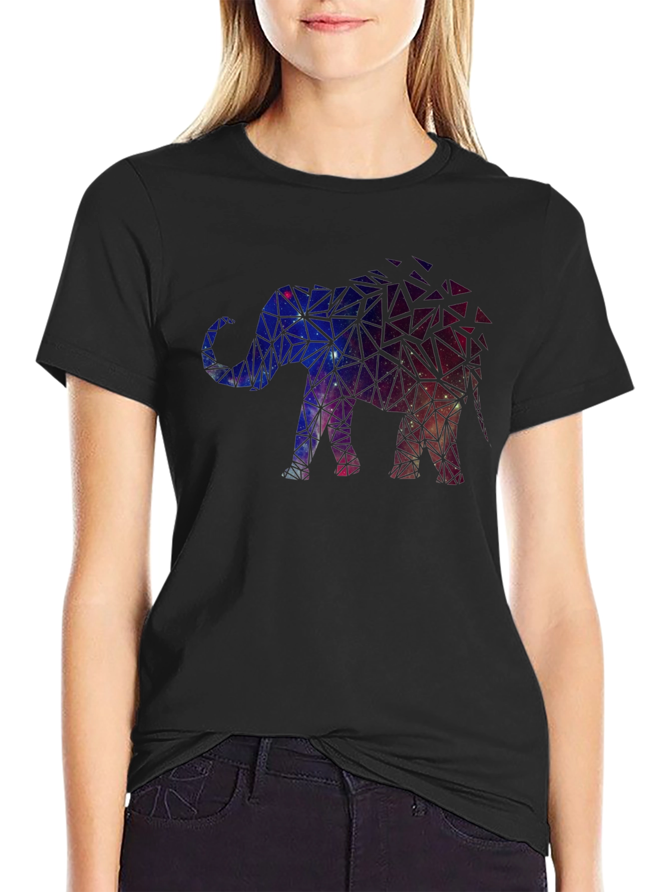Black Geometric Galaxy Elephant Graphic Tee view 2