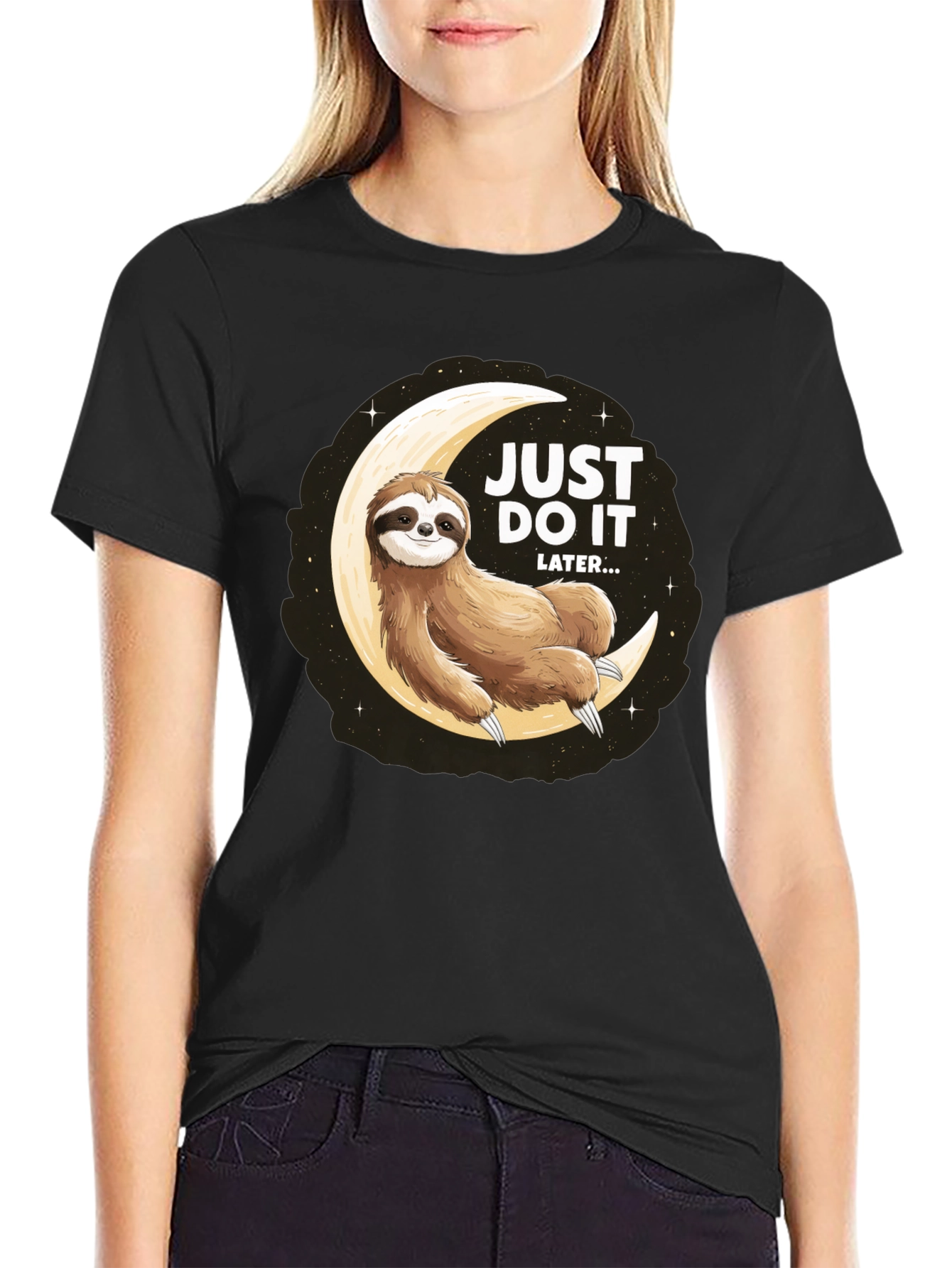 Black Just Do It Later Sloth T-Shirt - Lazy Moon Design view 2