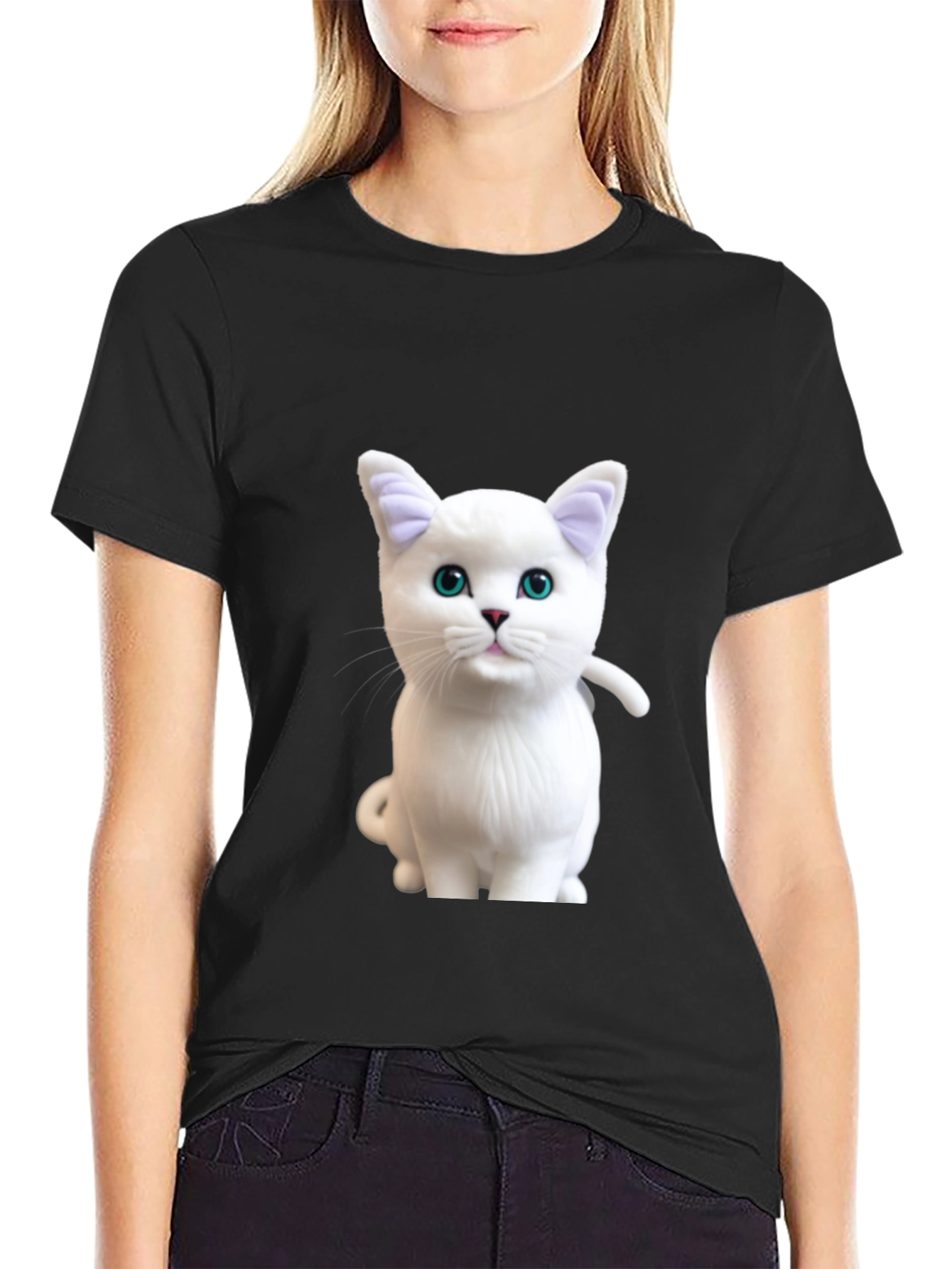 Black Cute White Cat Graphic Print Black T-Shirt view 2