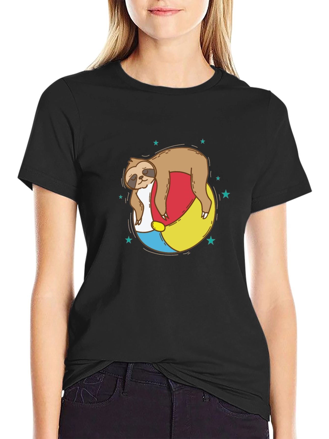 Black Sloth on Beach Ball T-Shirt - Relaxed Summer Vibes view 2