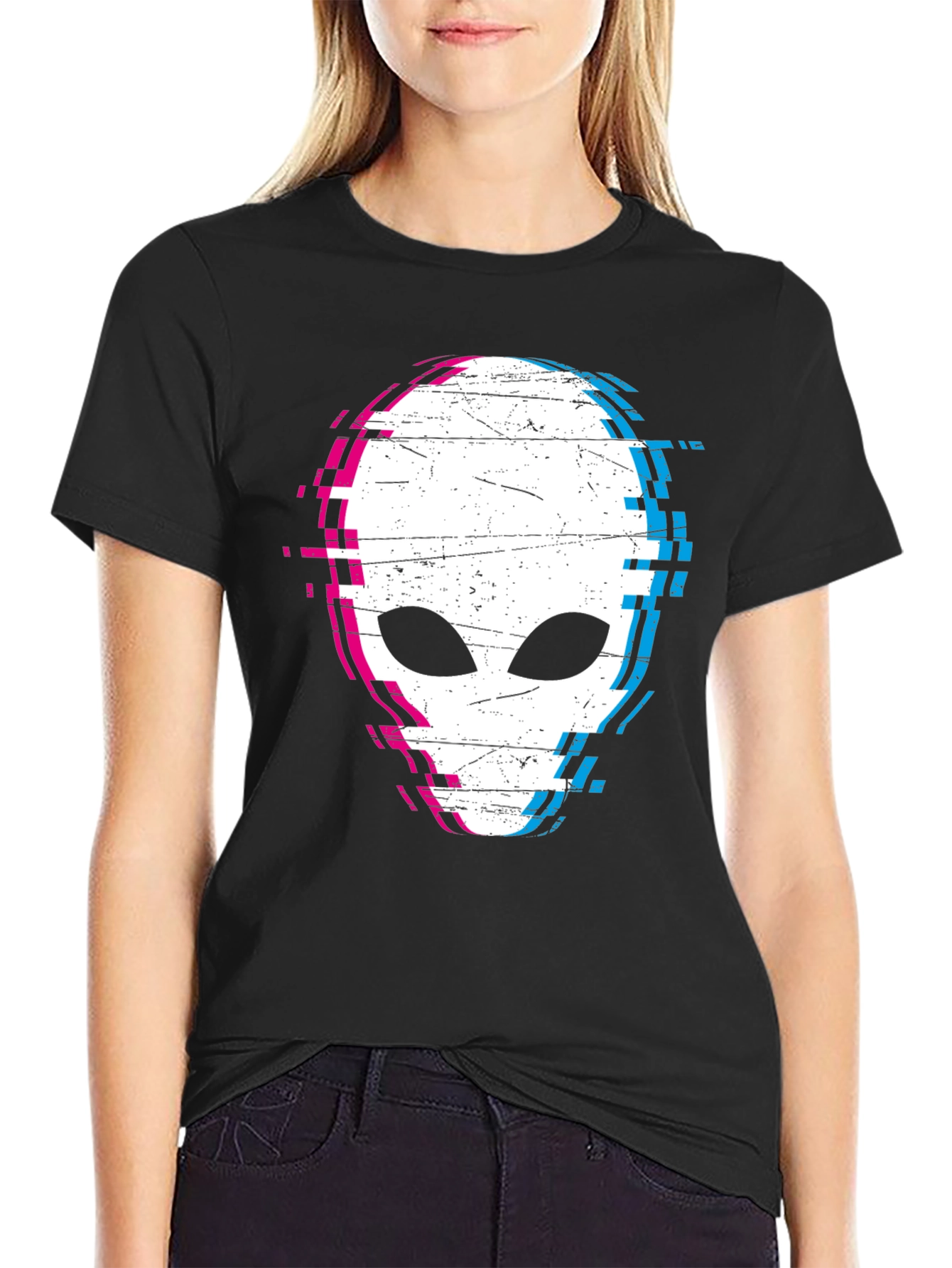 Black Glitch Alien Graphic Tee - Black Cotton Blend Shirt view 2