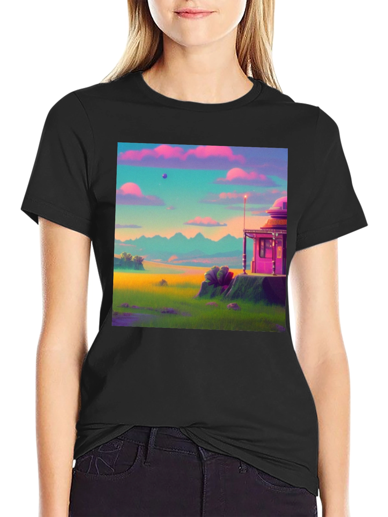 Black Vaporwave Landscape Graphic Tee - Retro Style view 2