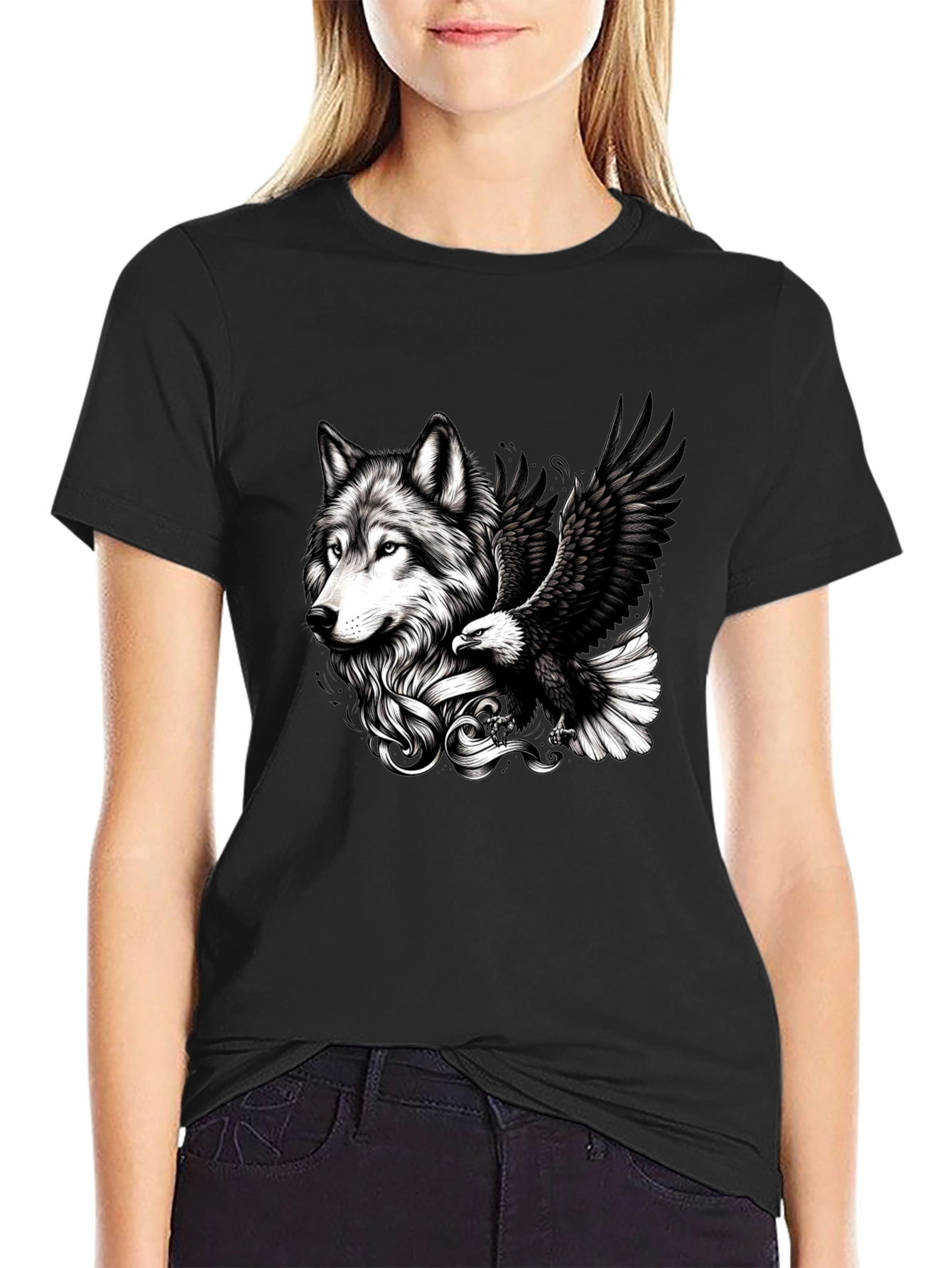Black Wolf & Eagle Graphic Tee - Black Cotton Blend view 2